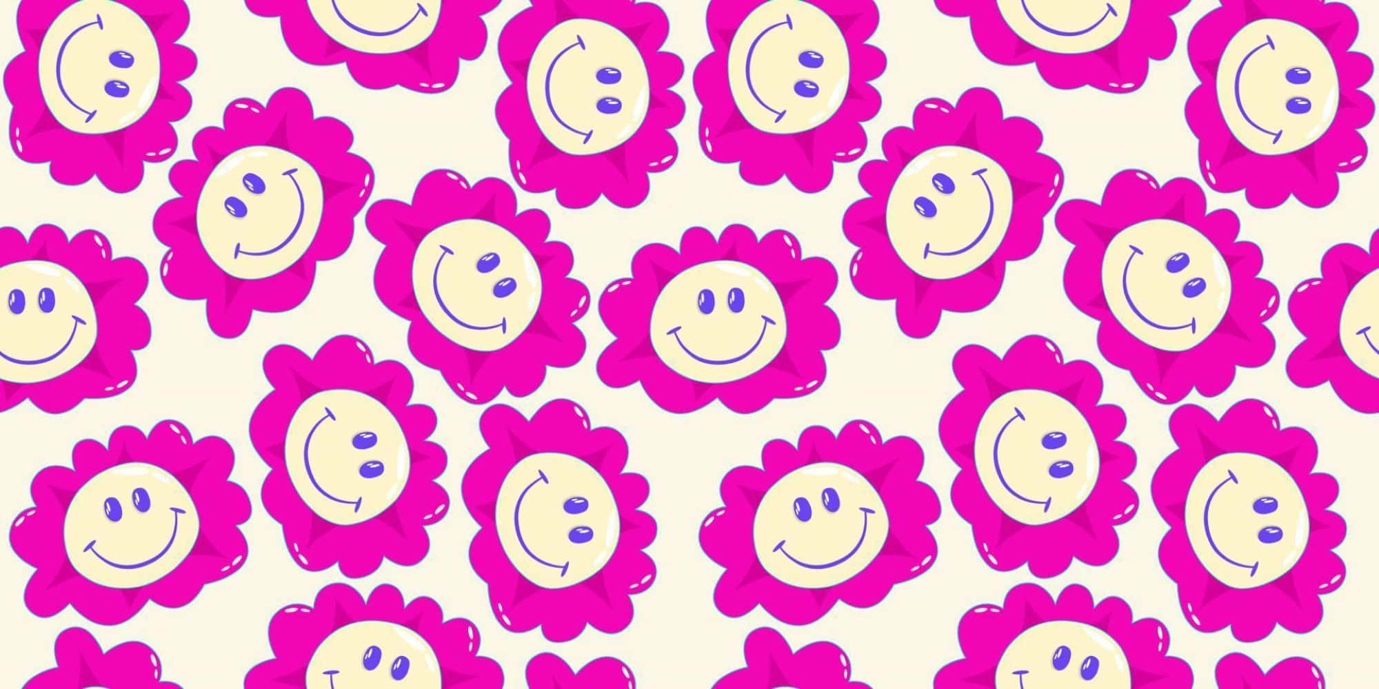 Preppy Pink Smiley Flower Pattern, vibrant pink, cartoon flowers, Full HD Desktop Wallpaper