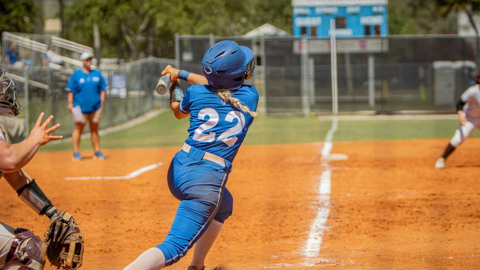 softball player, blue uniform, home plate, HD Desktop Wallpaper