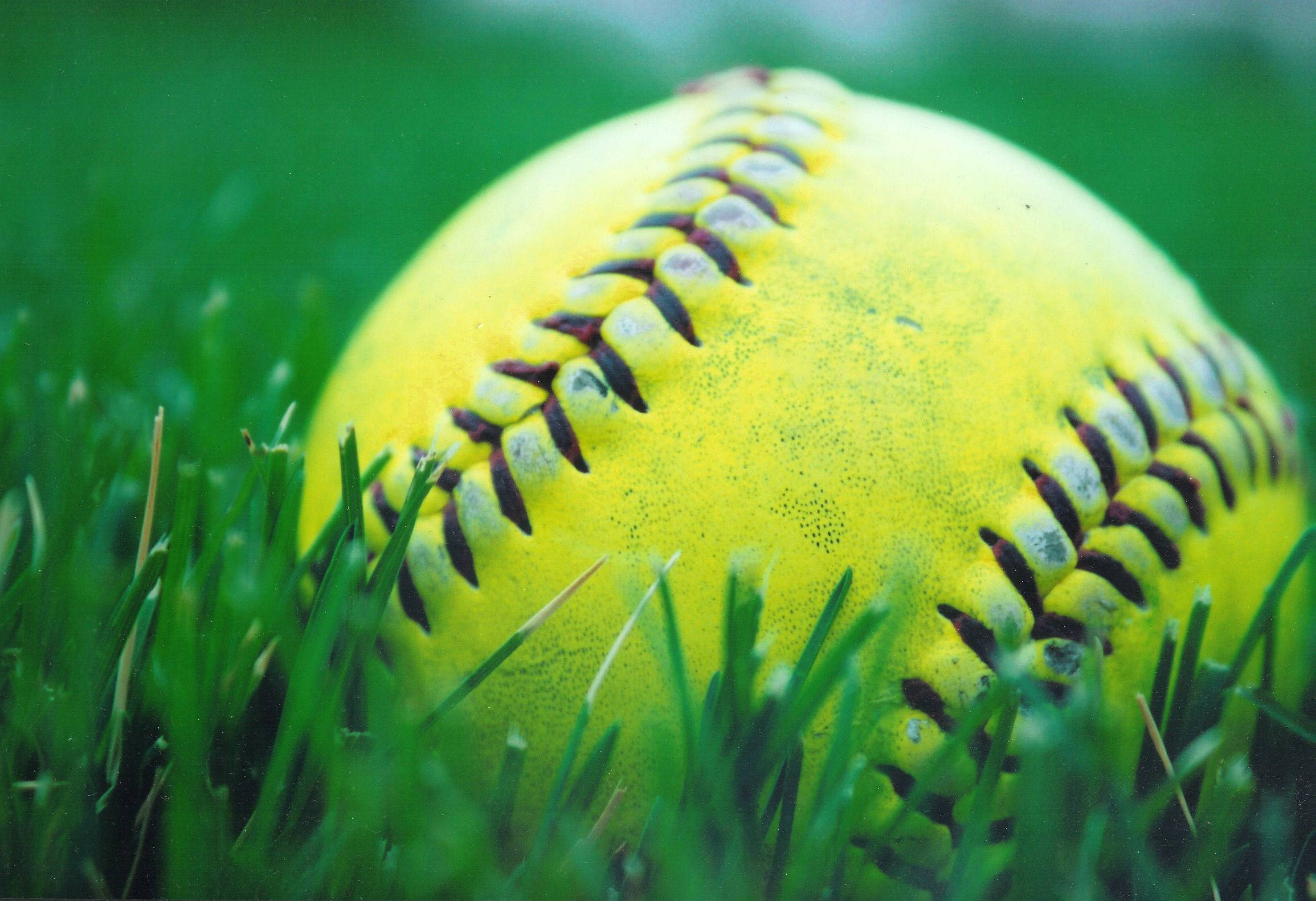 softball, bright yellow, vibrant green grass, Full HD Desktop Wallpaper