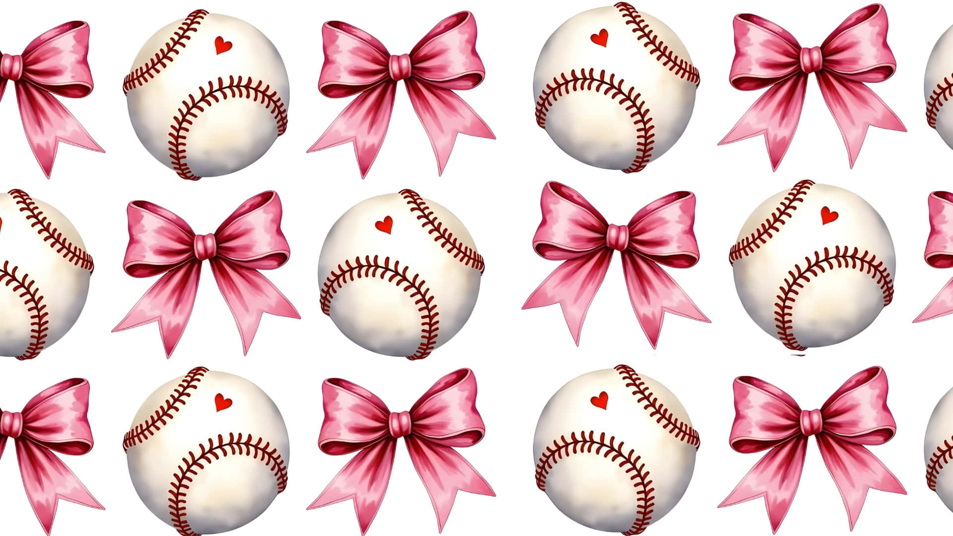 Preppy Softball Pattern, white baseballs, red stitching, Full HD Desktop Wallpaper