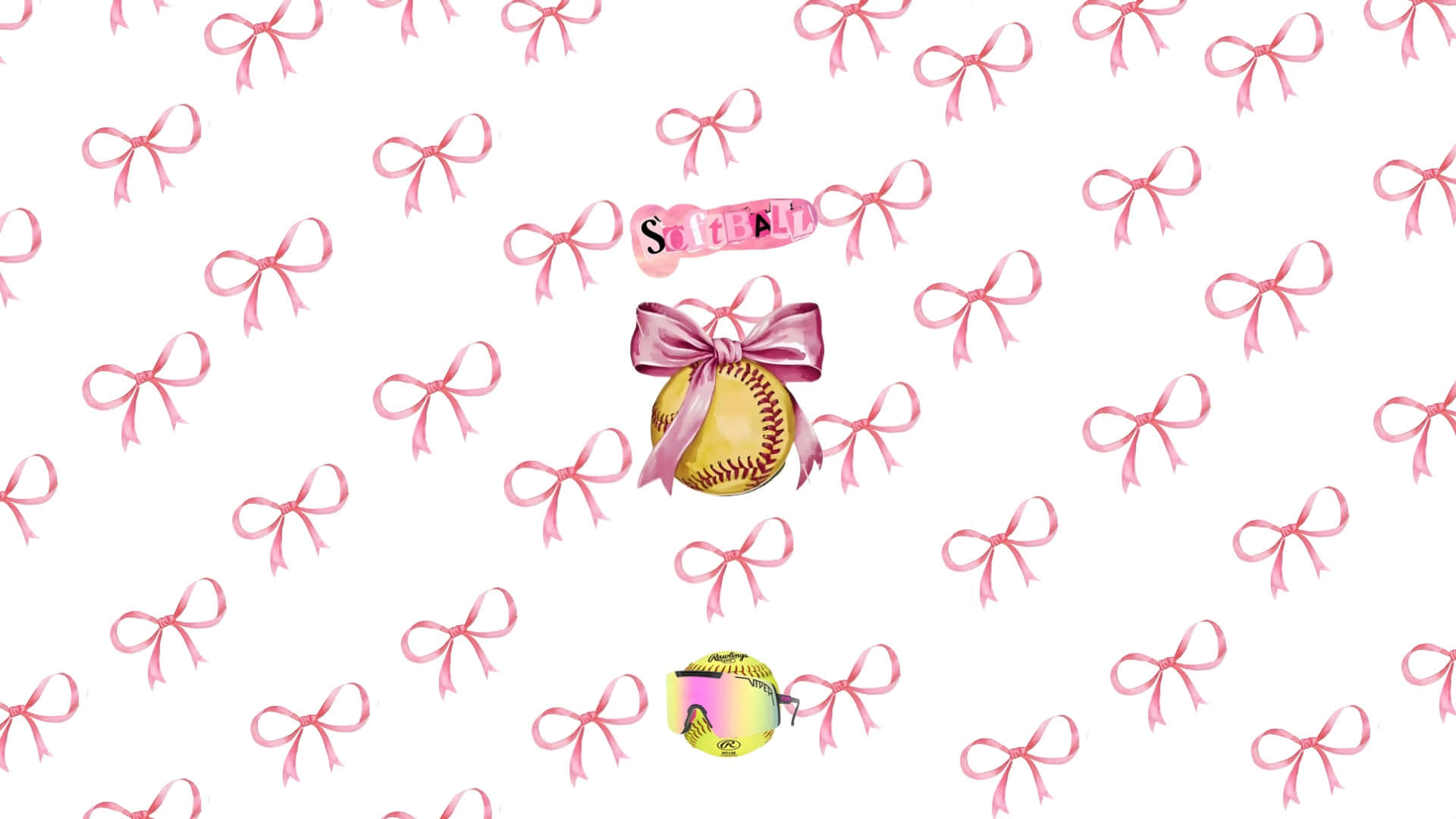 Preppy Softball Pattern, pink bows, softball, Full HD Desktop Wallpaper