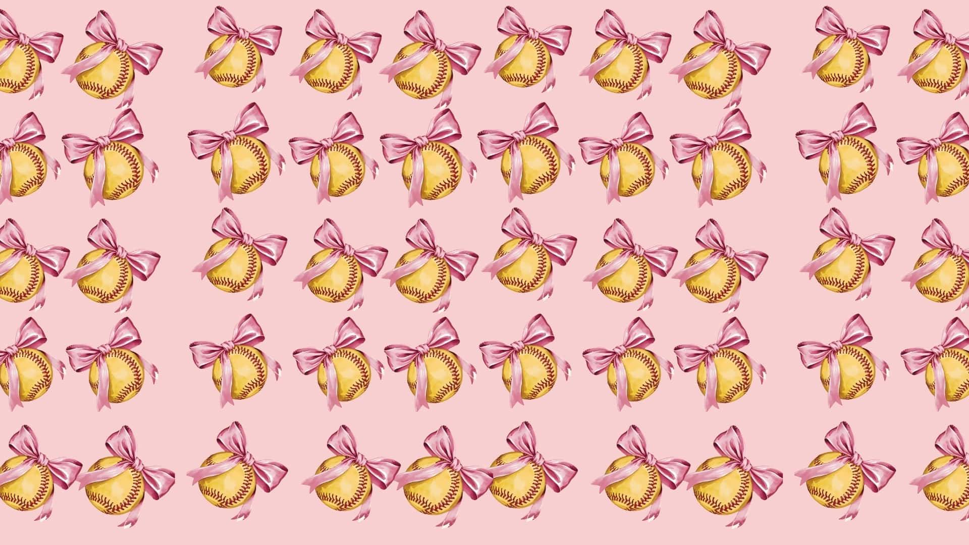 Preppy Softball Pattern, golden baseballs, pink bow, Full HD Desktop Wallpaper
