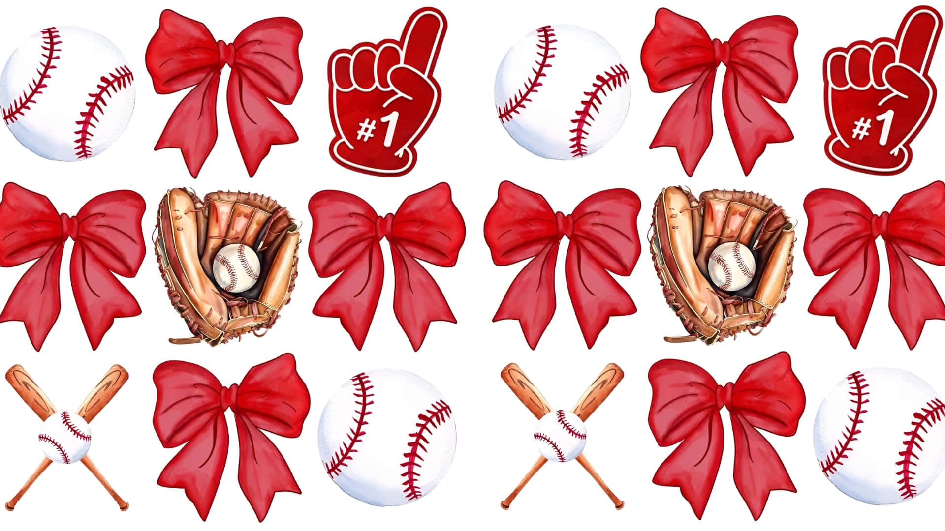 Preppy Softball Pattern, red bows, baseballs, Full HD Desktop Wallpaper