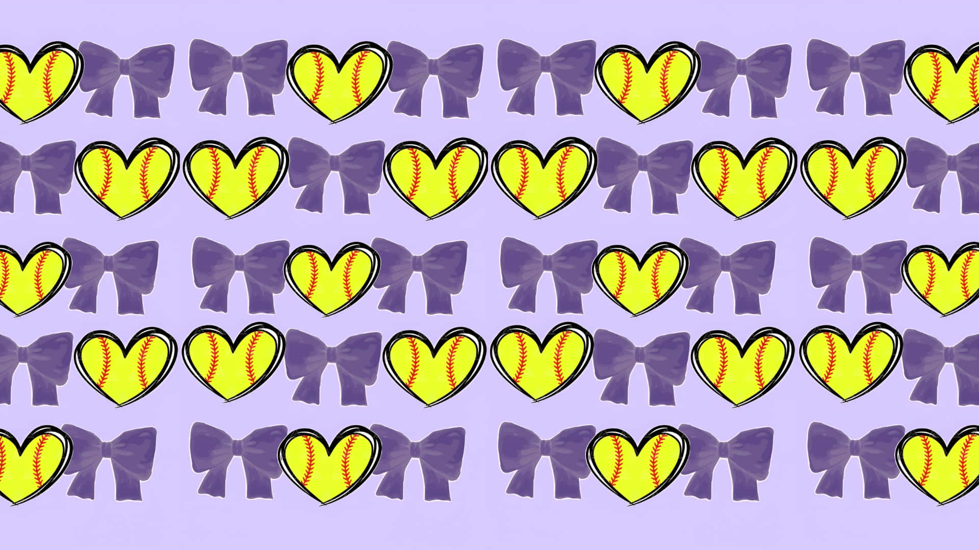 Preppy Softball, yellow softball hearts, purple bows, Full HD Desktop Wallpaper