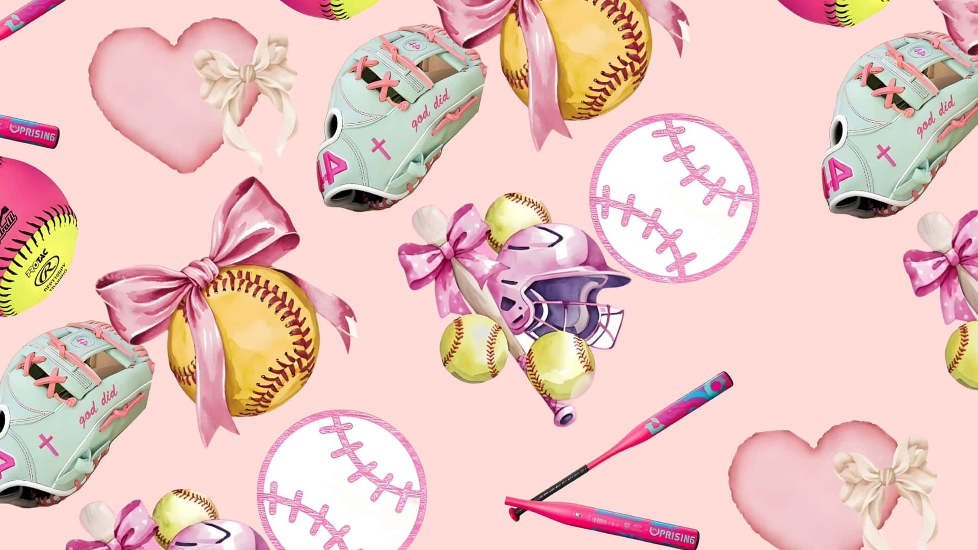 Preppy Softball Pattern, pink background, softball gear, Full HD Desktop Wallpaper