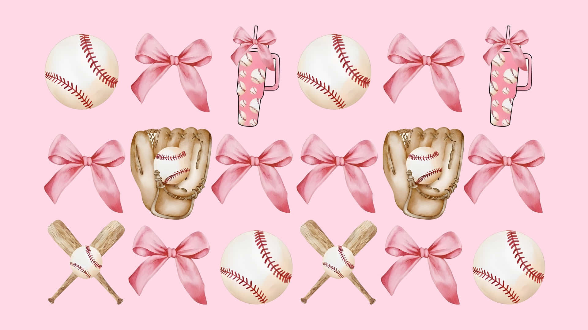 Preppy Softball Pattern, pink watercolor, baseball-themed icons, Full HD Desktop Wallpaper