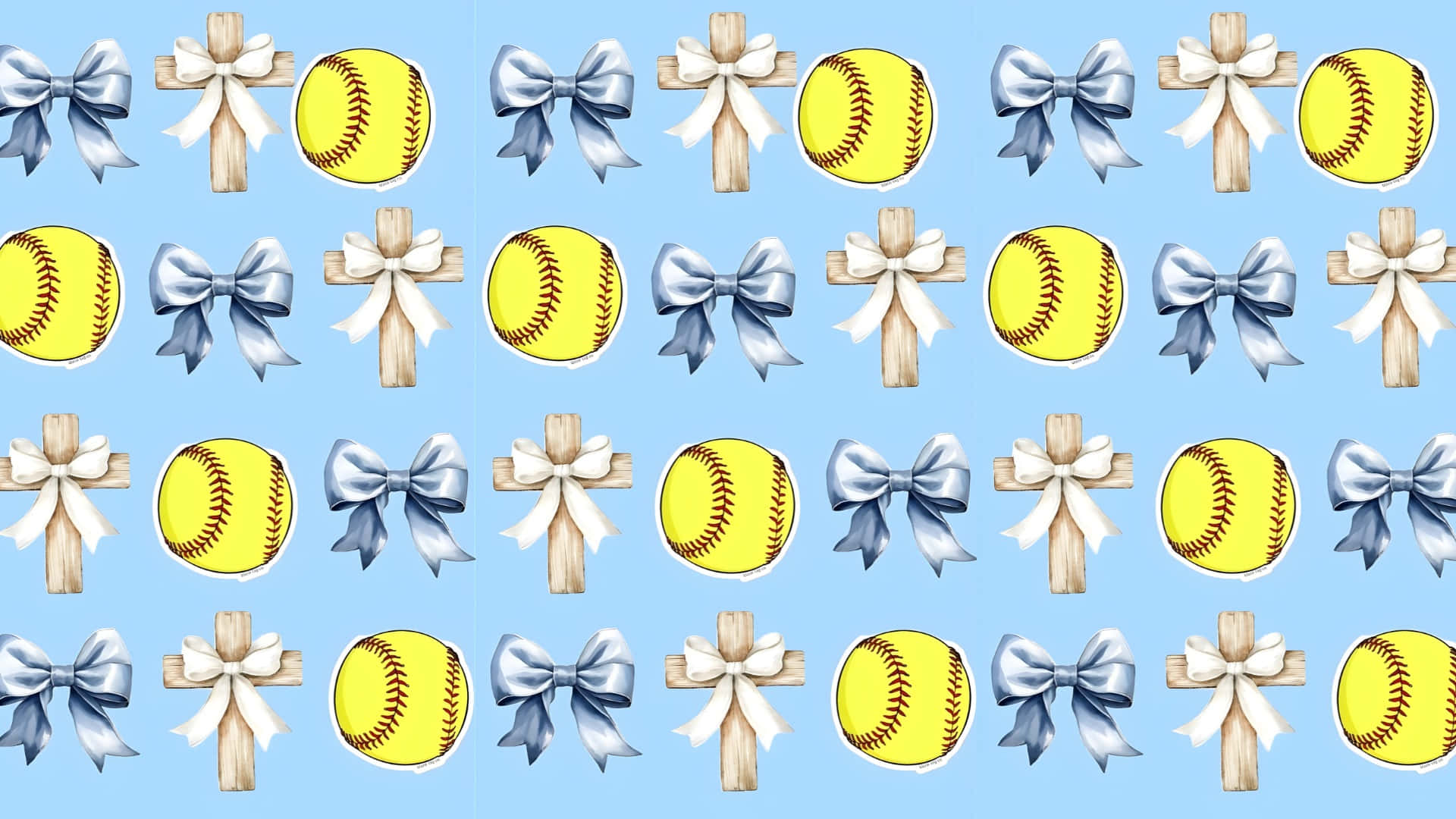Preppy Softball Pattern, yellow softball, wooden crosses, Full HD Desktop Wallpaper