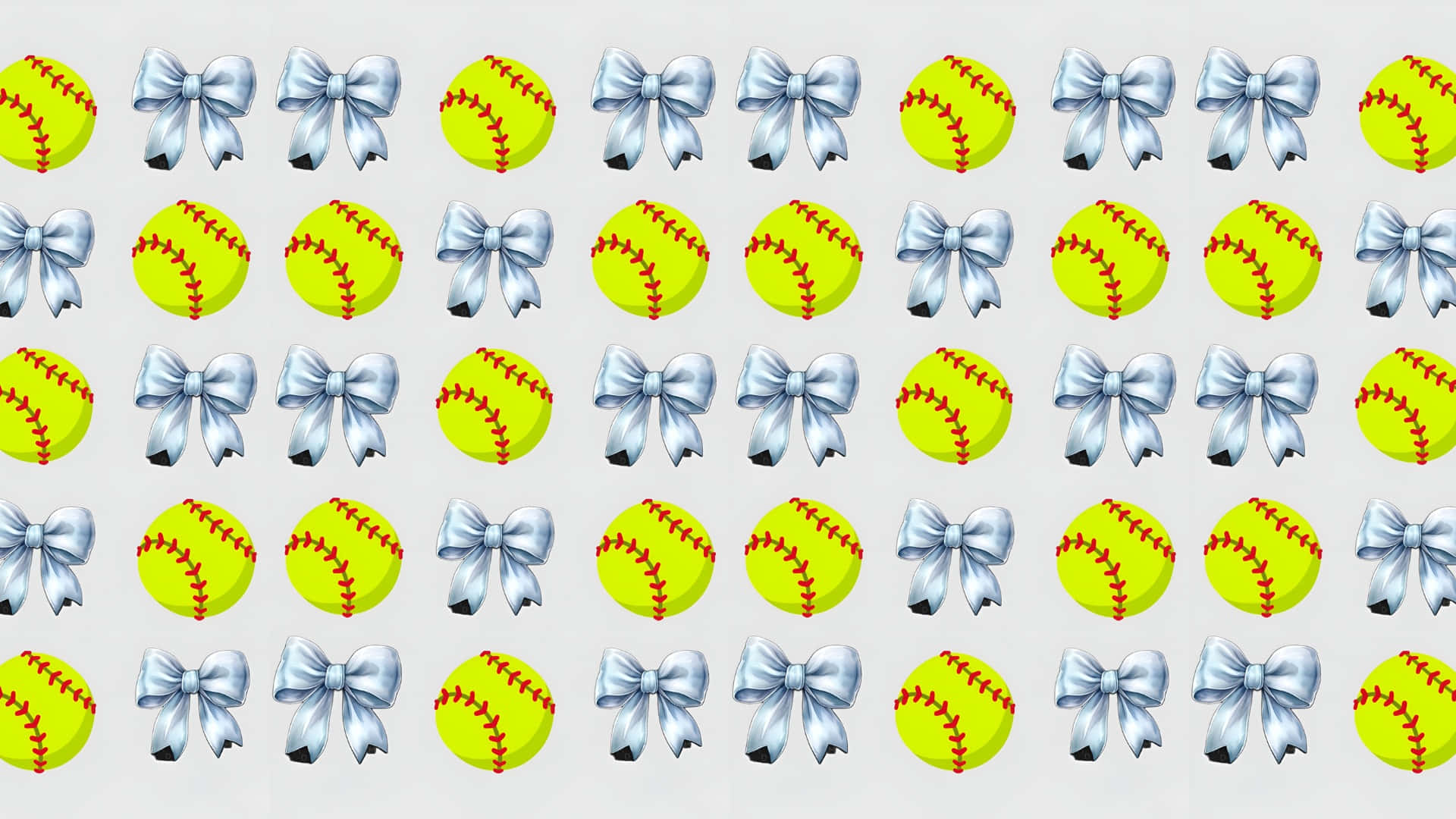 Preppy Softball Pattern, bright yellow softball, silver bow icons, Full HD Desktop Wallpaper