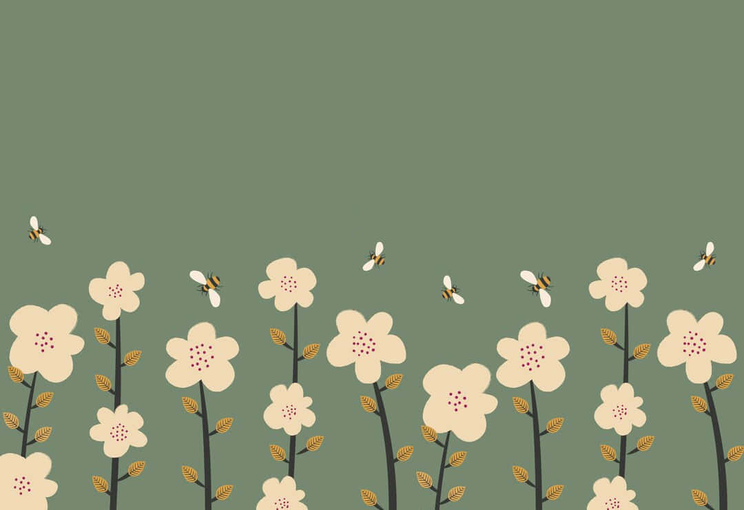 springtime floral patternwith bees, cream flowers, red centers, SD Desktop Wallpaper