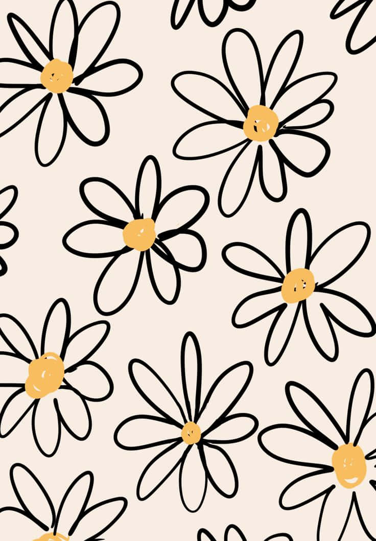 spring daisy pattern, black outlines, yellow centers, SD Phone Wallpaper