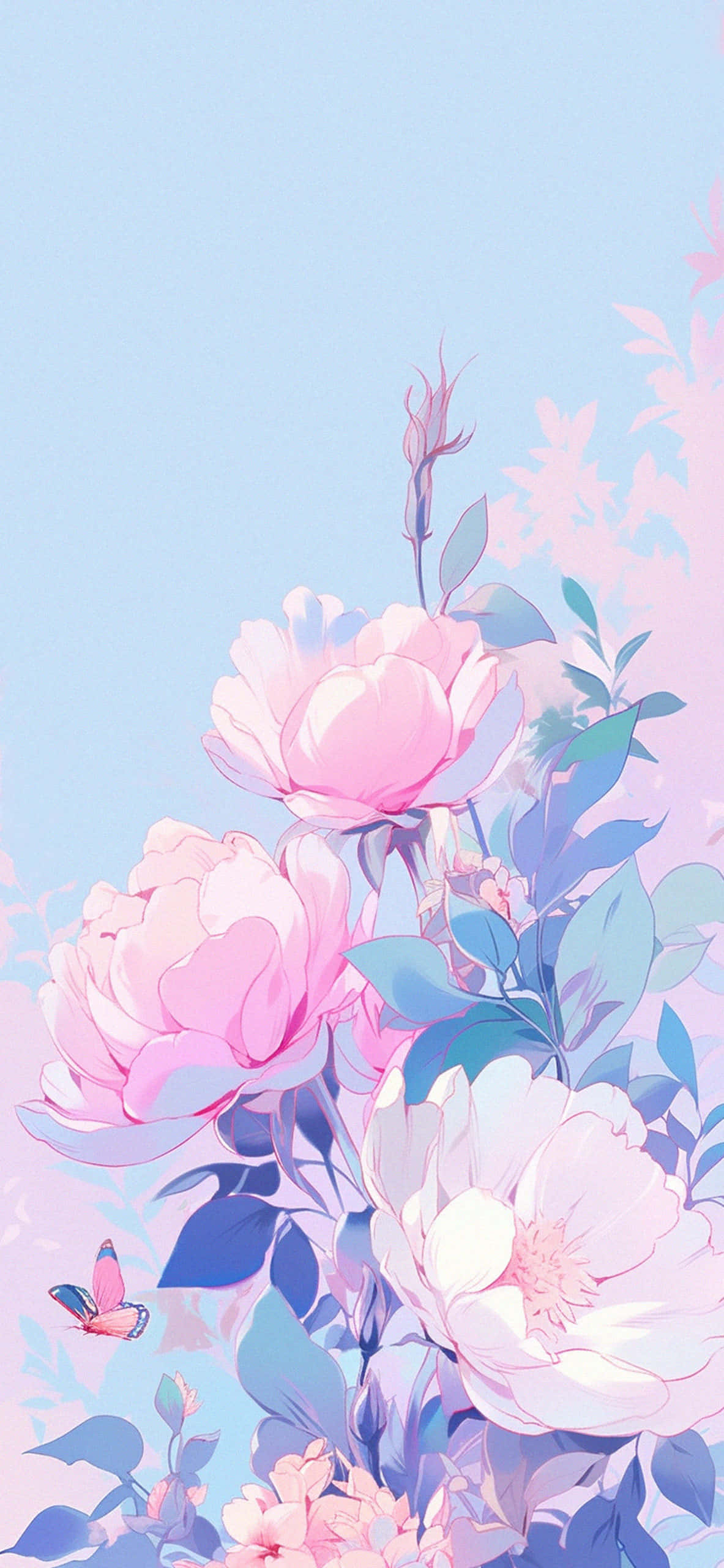 pastel pink peonies, soft blue sky, fluttering butterfly, 2K Phone Wallpaper