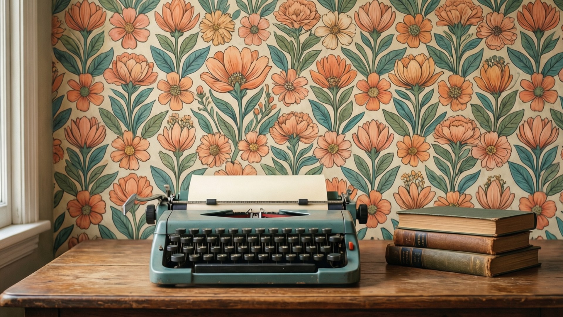 vintage typewriter, spring, floral pattern, Full HD Desktop Wallpaper