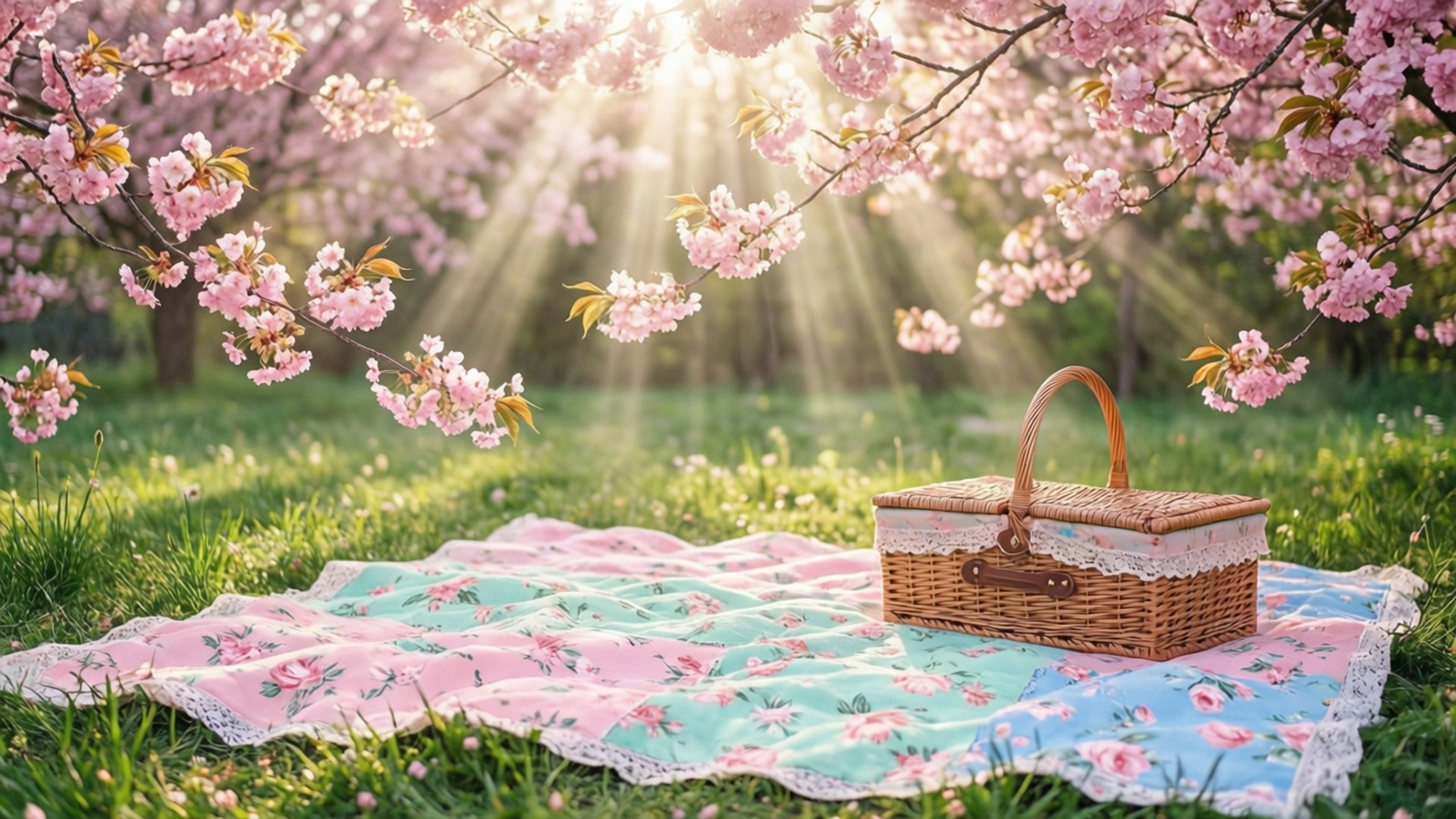 pastel blooms, picnic vibe, soft pastel floral, Full HD Desktop Wallpaper
