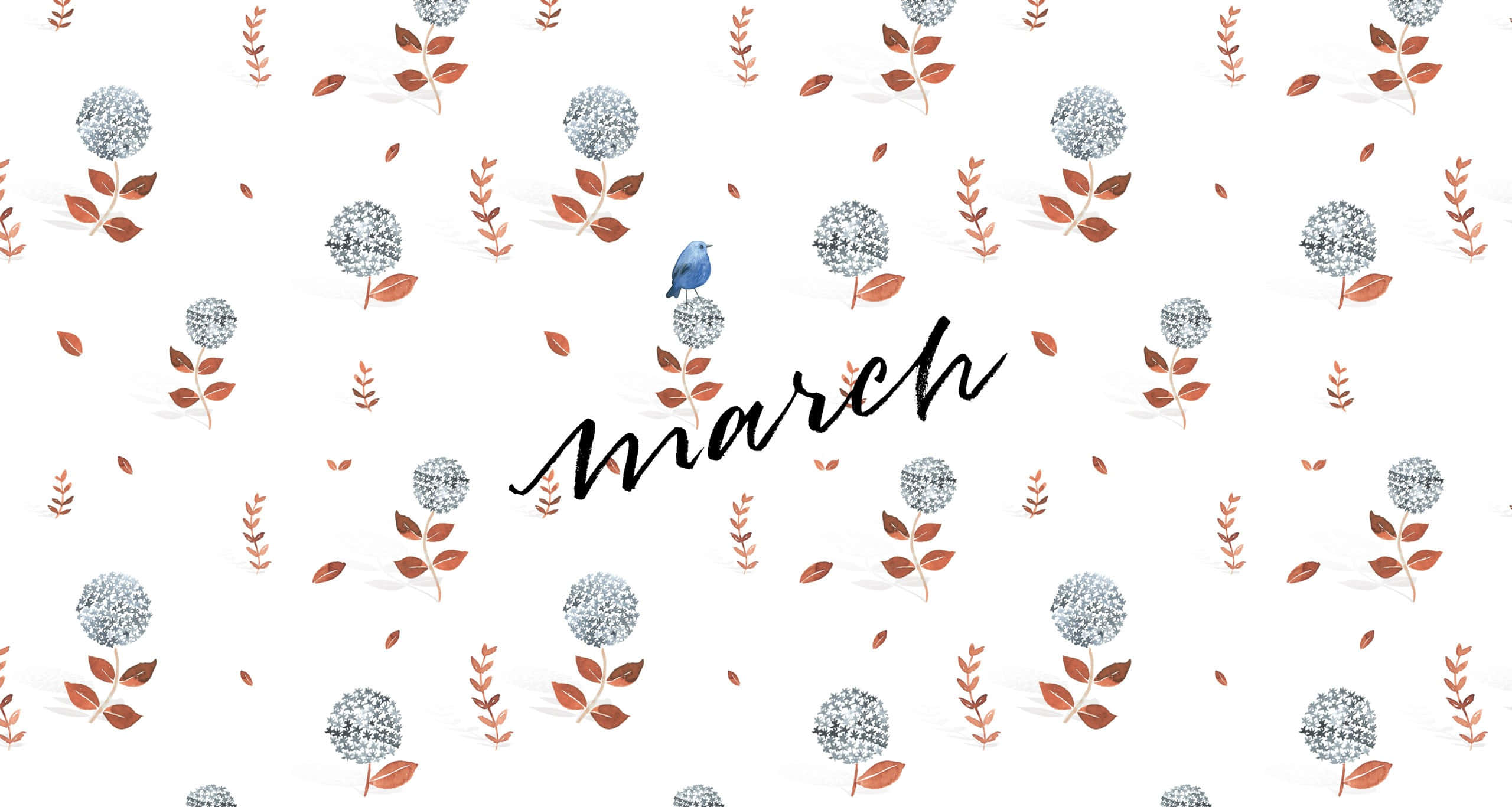 hydrangea blooms, gray and rust tones, blue bird, 2K Desktop Wallpaper