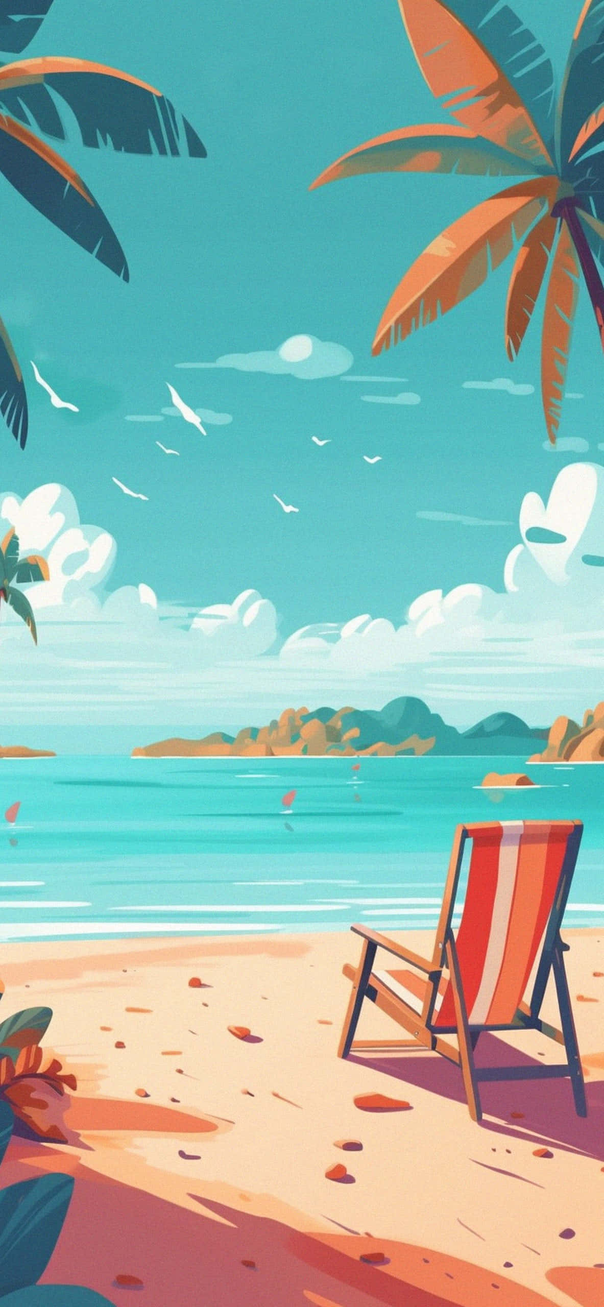Preppy Summer, red striped lounge chair, palm trees, 2K Phone Wallpaper