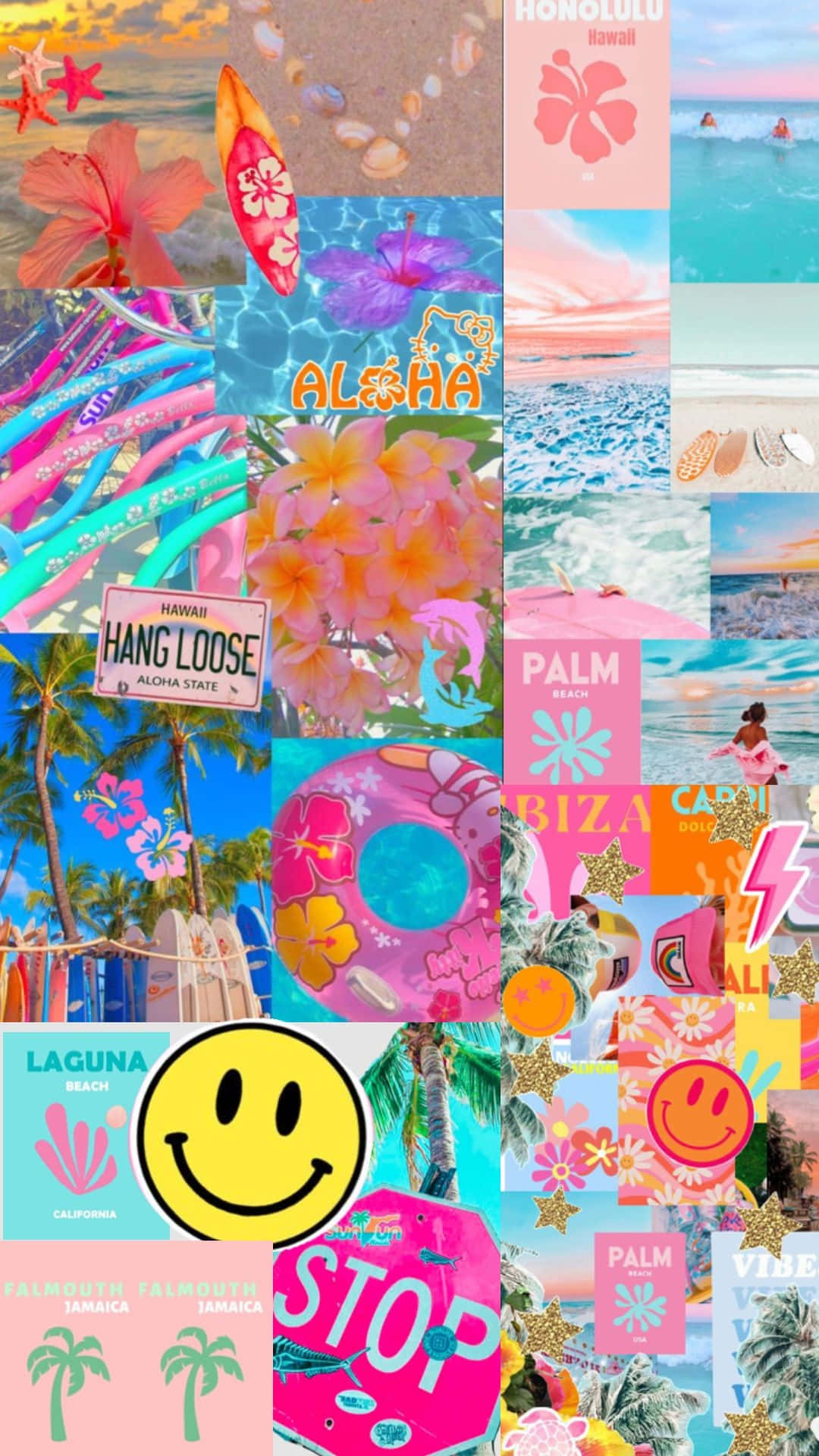 Preppy Summer Vibes Collage, hibiscus flowers, palm trees, Full HD Phone Wallpaper