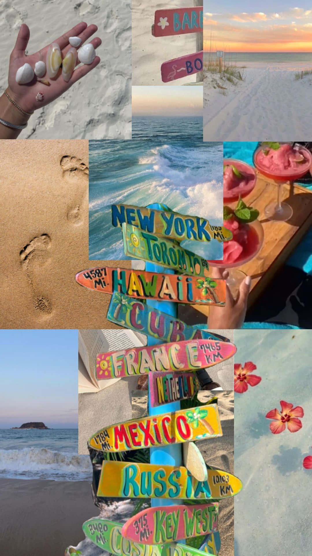 Preppy Summer Vacation Collage, sunset sky, colorful travel signs, Full HD Phone Wallpaper
