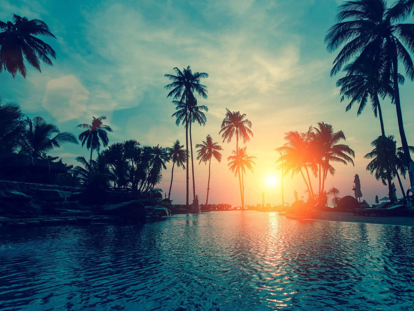 Tropical Sunset Poolside Paradise, sunset, palm trees, HD Desktop Wallpaper