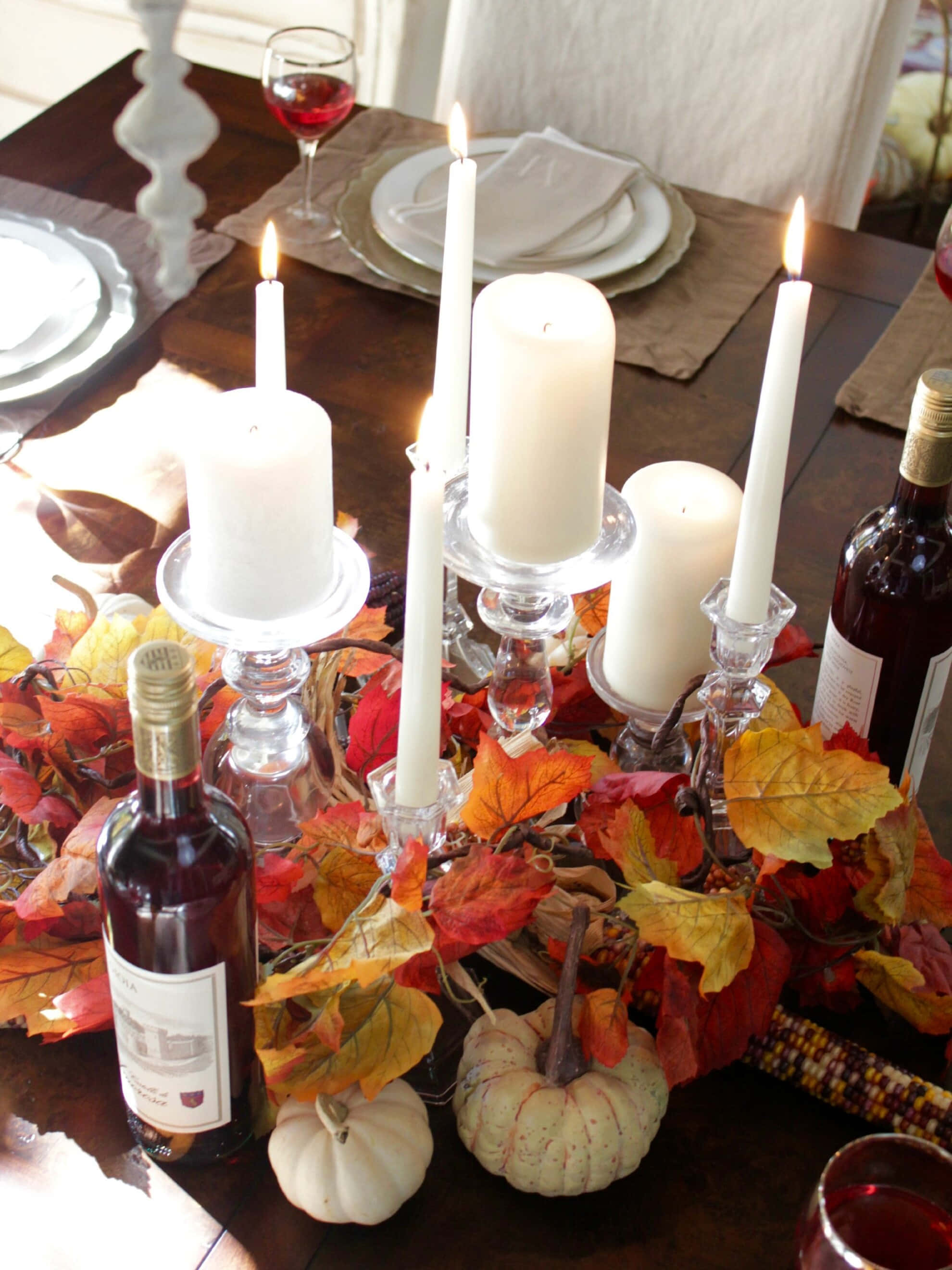 Elegant Thanksgiving Table Setting, autumn dining table, flickering candles, 2K Phone Wallpaper