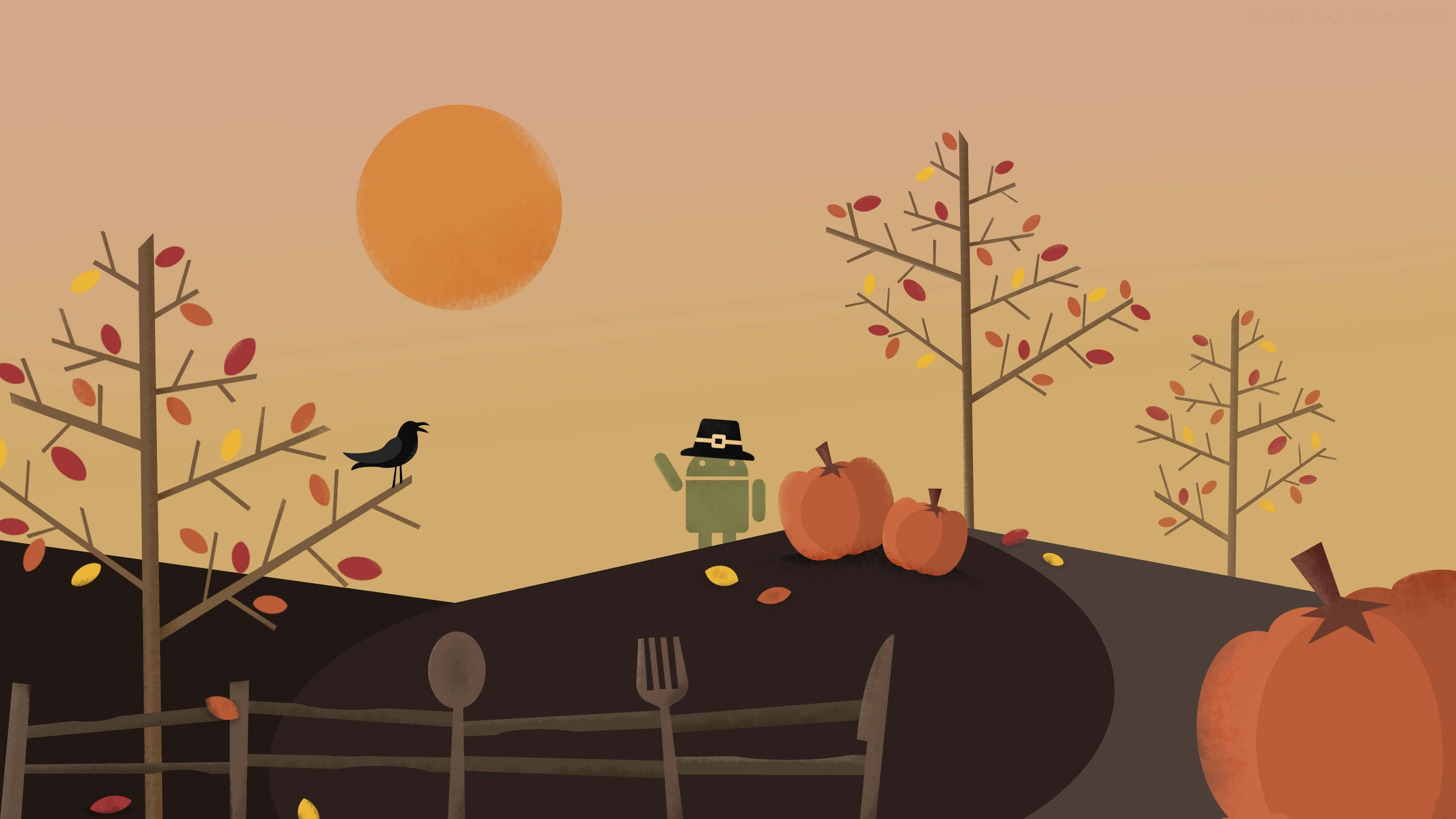 pilgrim android, pumpkins, warm orange sun, 4K Desktop Wallpaper