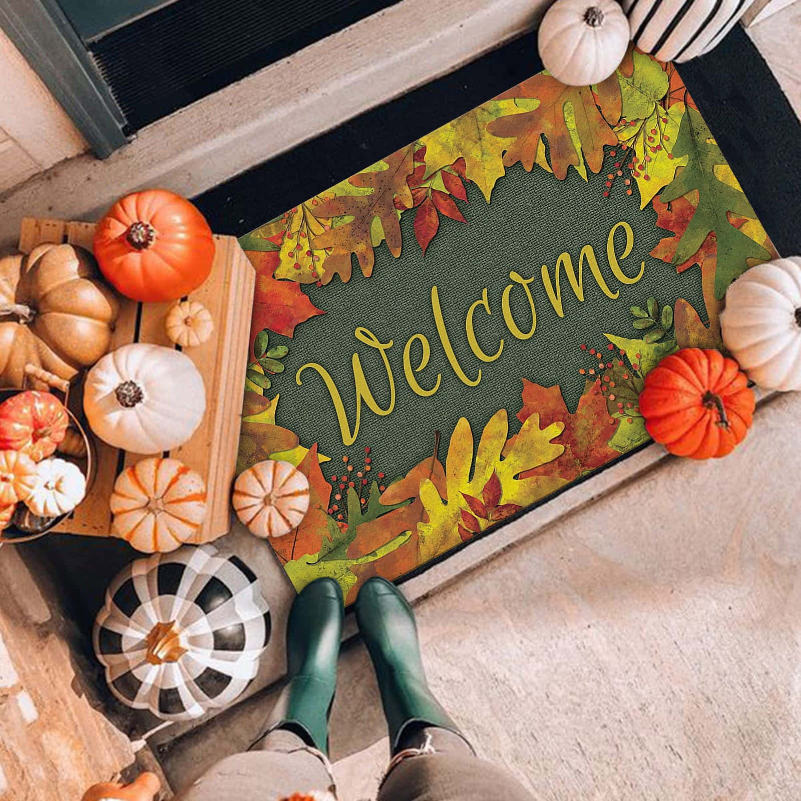 autumn-themed doormat, Welcome, pumpkins, HD Desktop Wallpaper