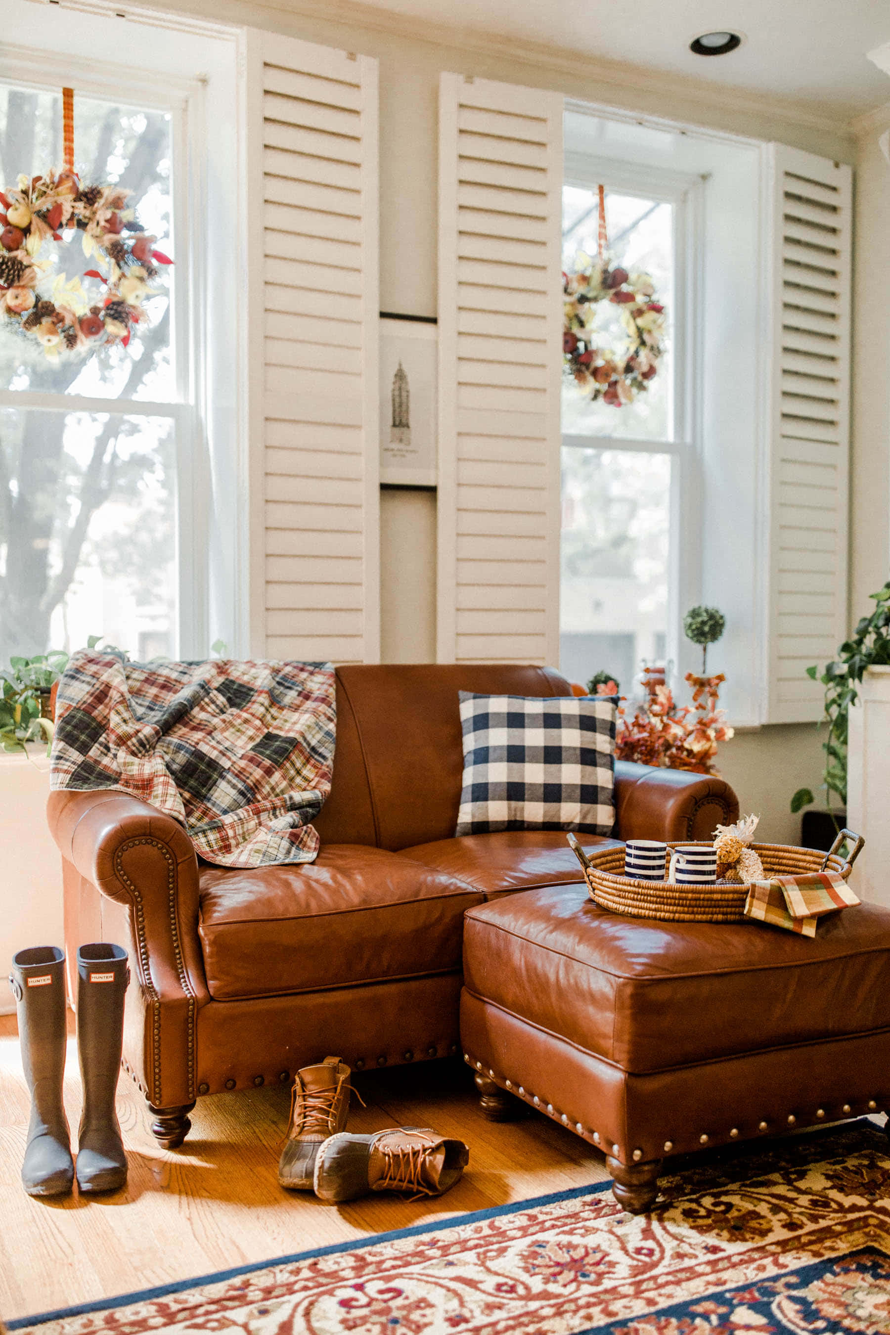 Preppy Thanksgiving, brown leather sofa, plaid blanket, 2K Phone Wallpaper