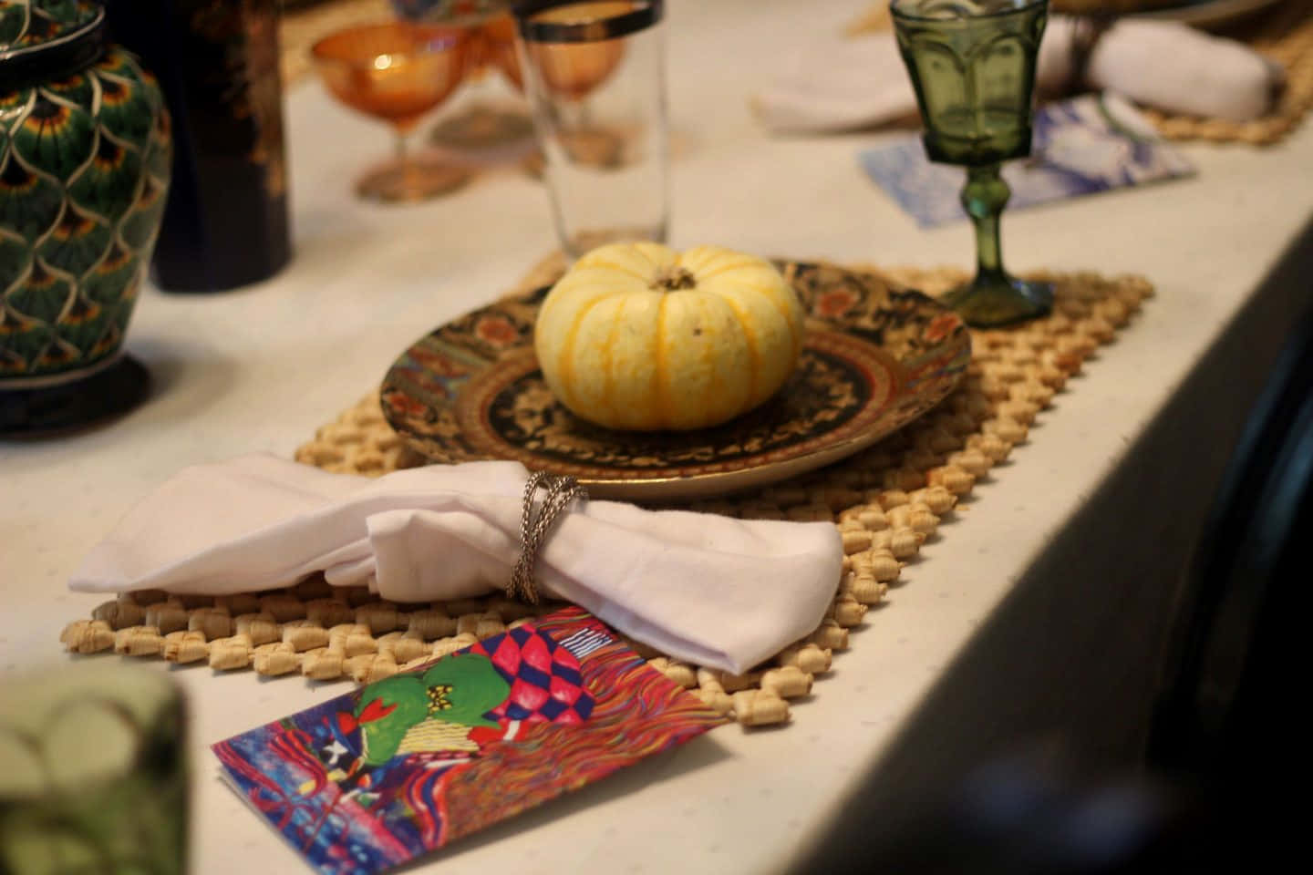 Elegant Thanksgiving Table Setting, striped pumpkin, ornate plate, HD Desktop Wallpaper