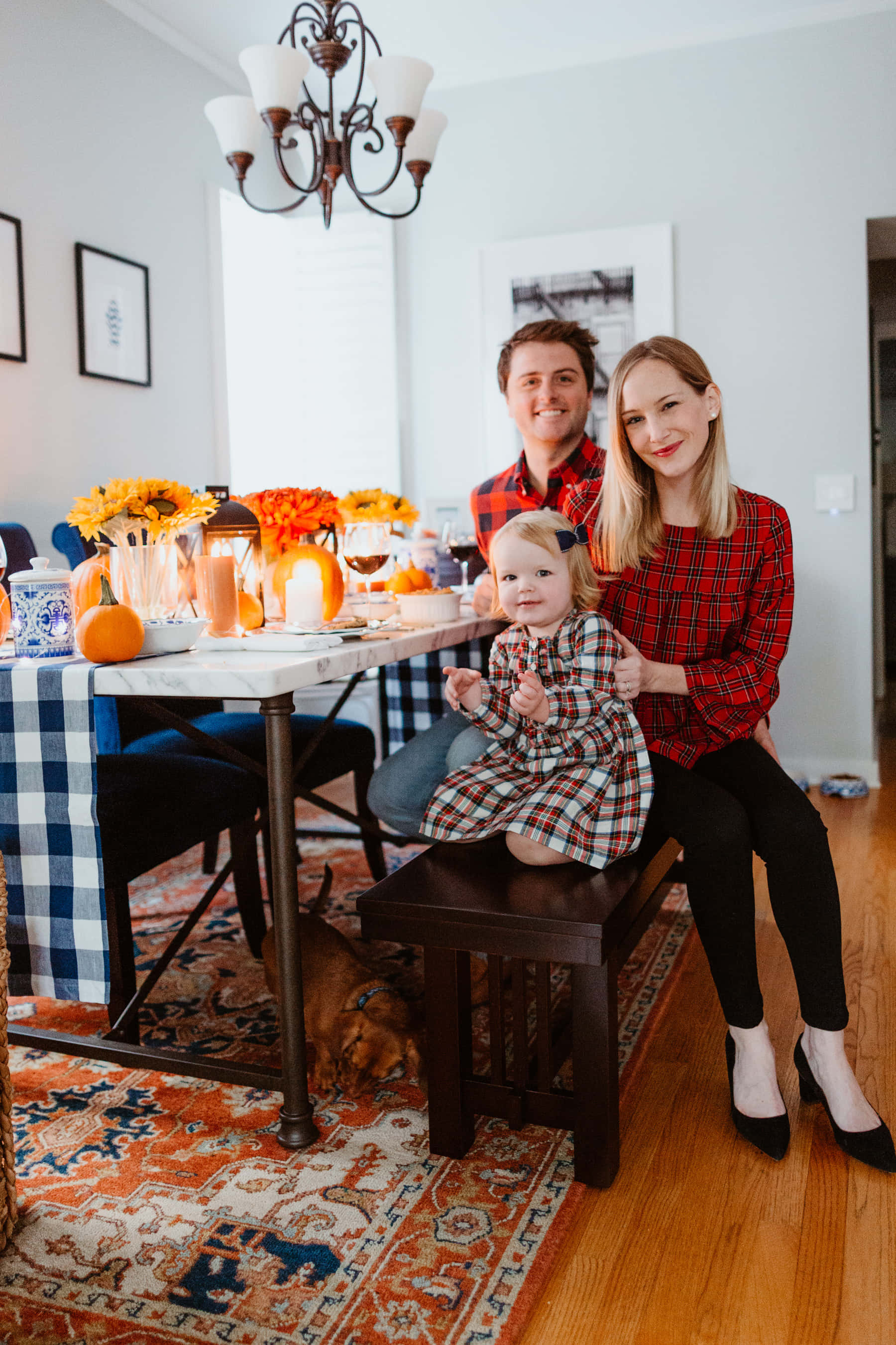 red plaid outfits, festively decorated dining table, pumpkins, 2K Phone Wallpaper