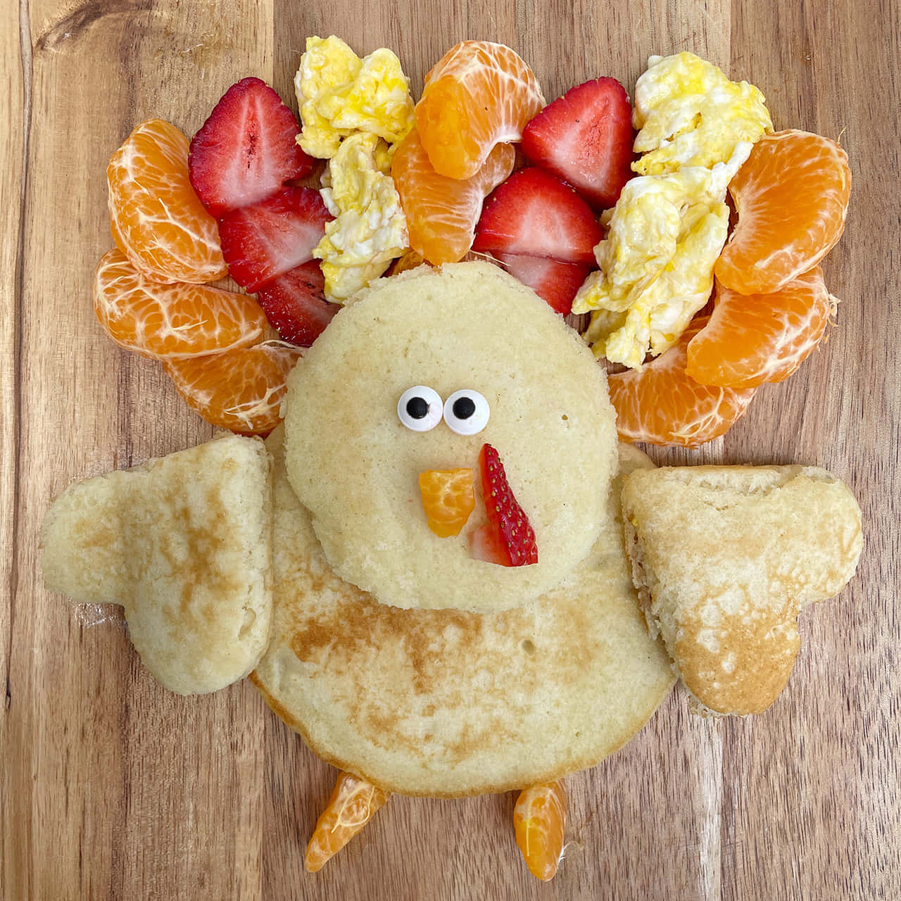 turkey-shaped pancake, edible fruit feathers, googly eyes, HD Desktop Wallpaper