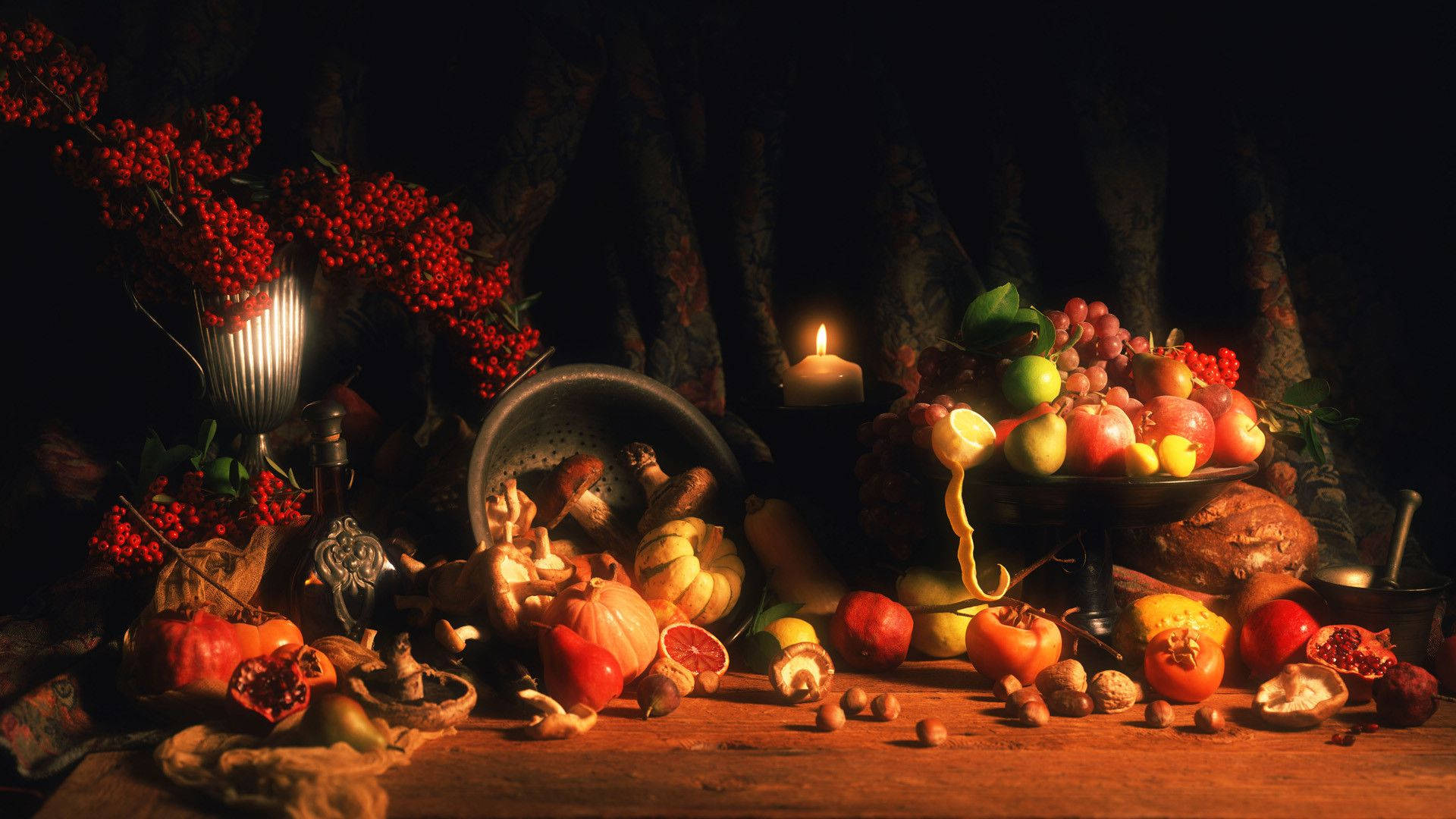 Thanksgiving feast, autumn fruits, nuts, Full HD Desktop Wallpaper