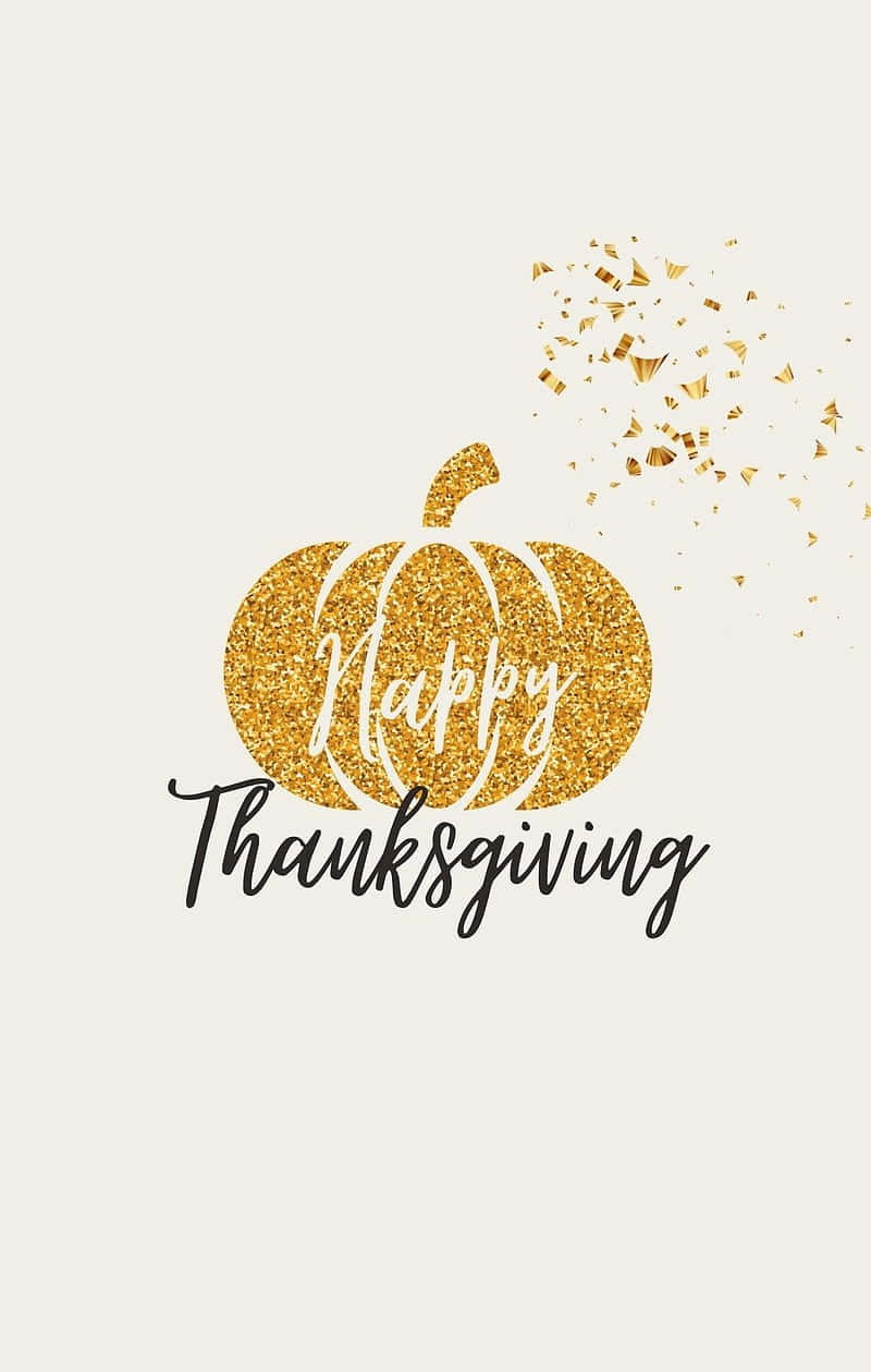 glittery gold pumpkin, Happy Thanksgiving script, falling confetti, SD Phone Wallpaper