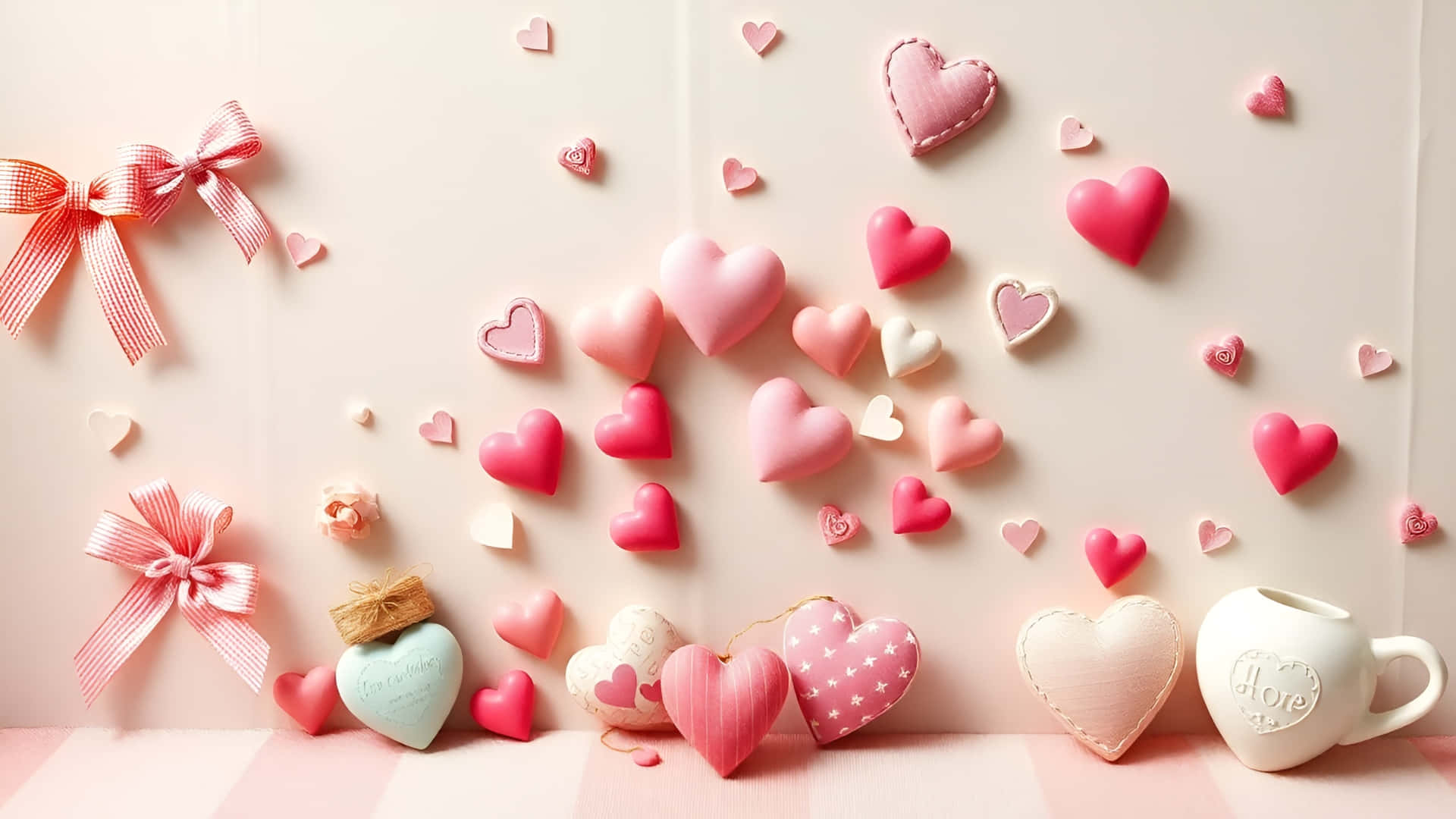pastel pink wall, plush hearts, ribbons, Full HD Desktop Wallpaper