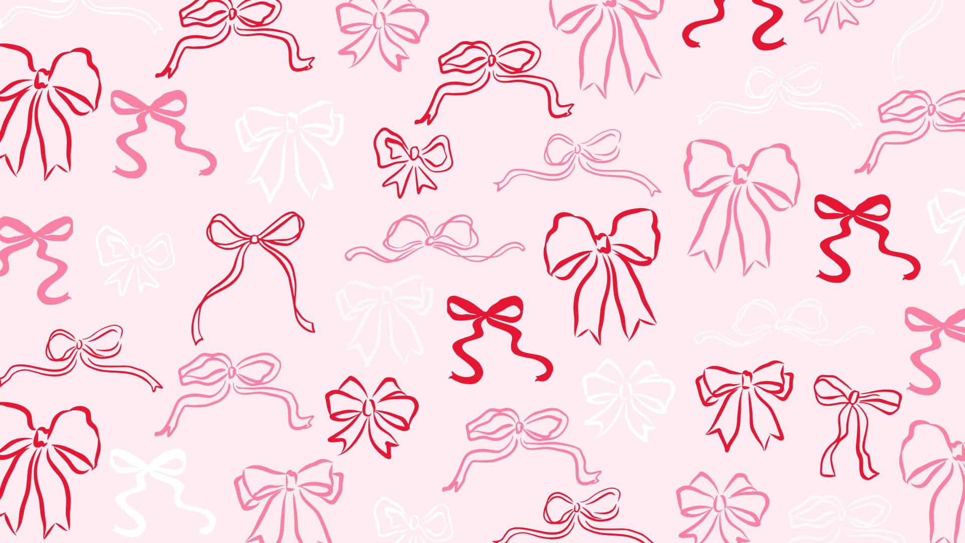 Preppy Valentines Day, pink background, red and white outlined bows, Full HD Desktop Wallpaper