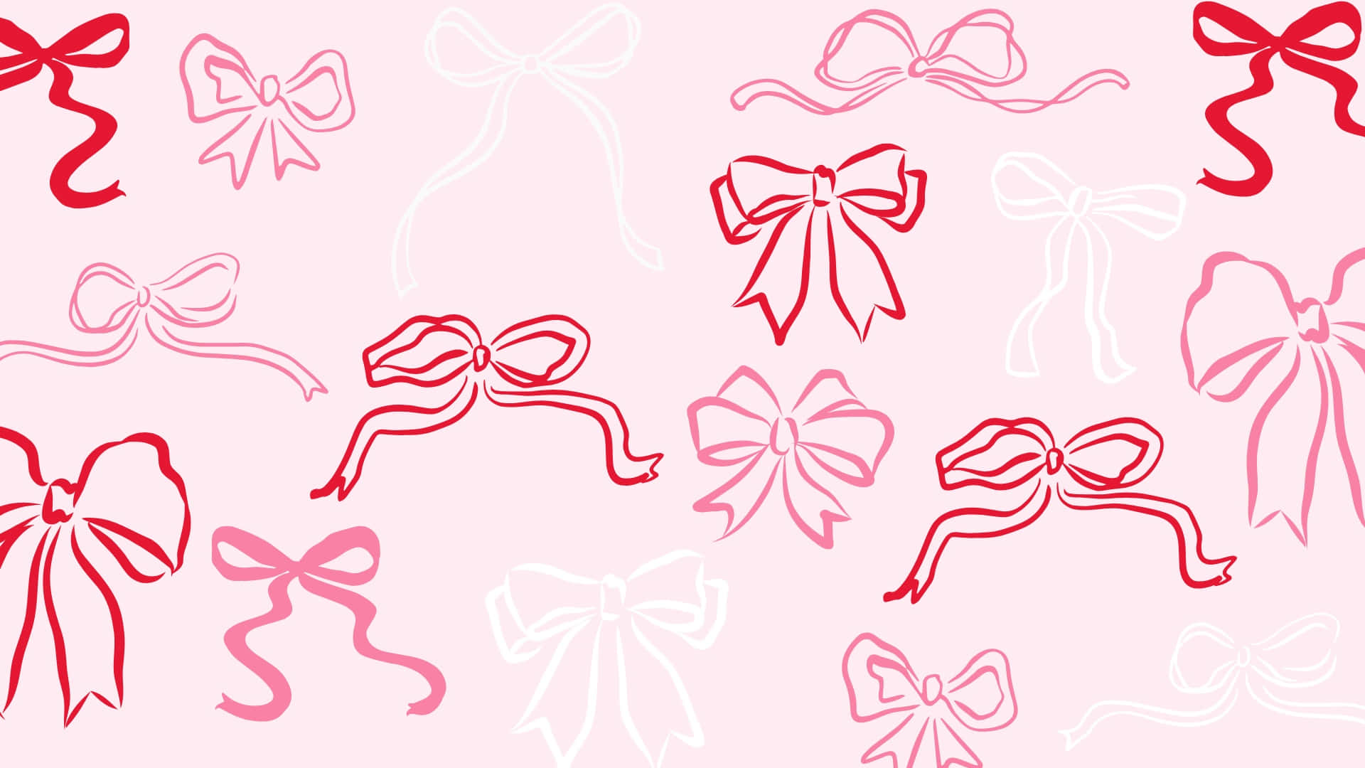Preppy Valentines Day, soft pink background, red and white outlined bows, Full HD Desktop Wallpaper