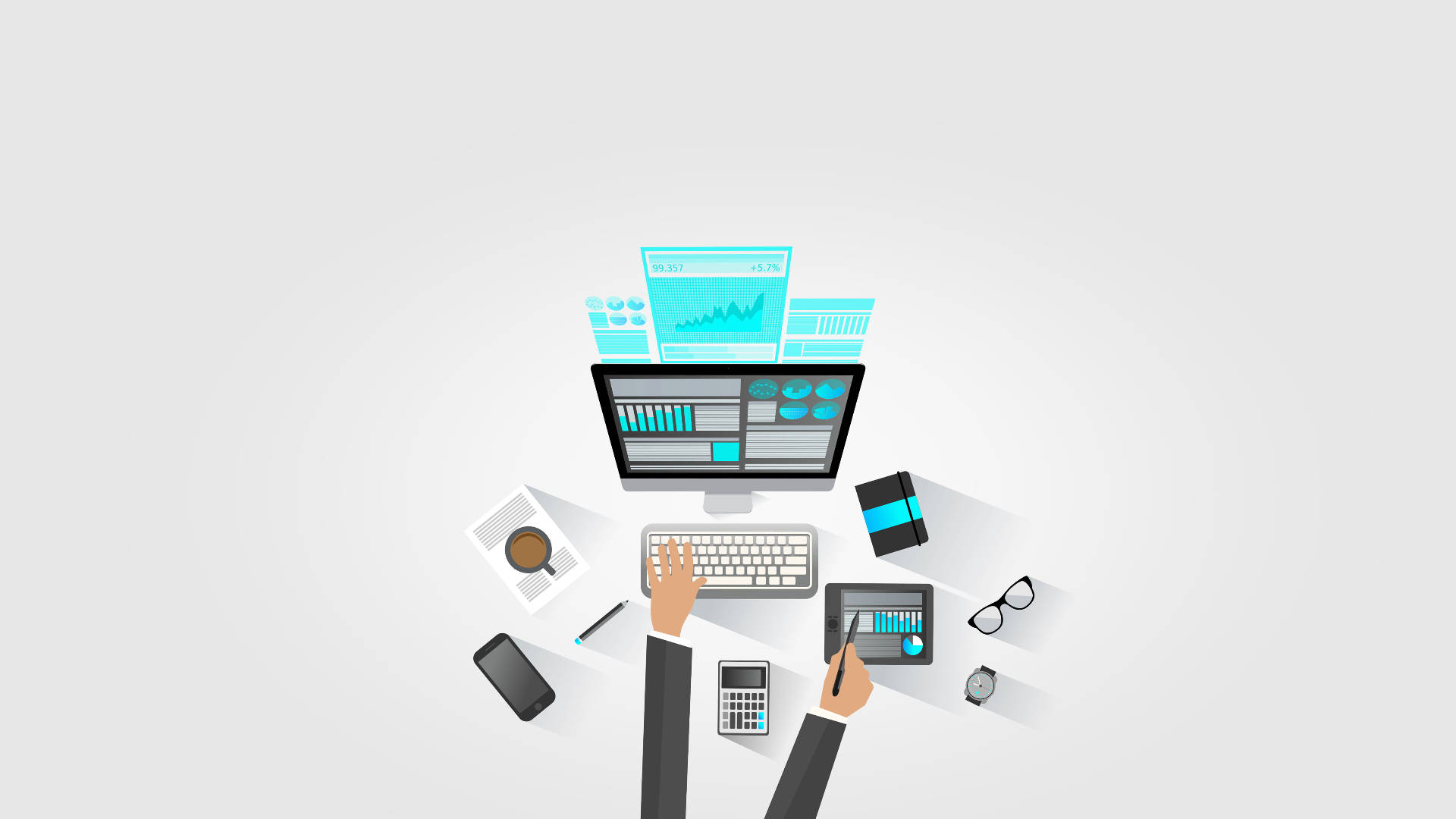 neon workspace, top-down view, hands working on a computer, Full HD Desktop Wallpaper