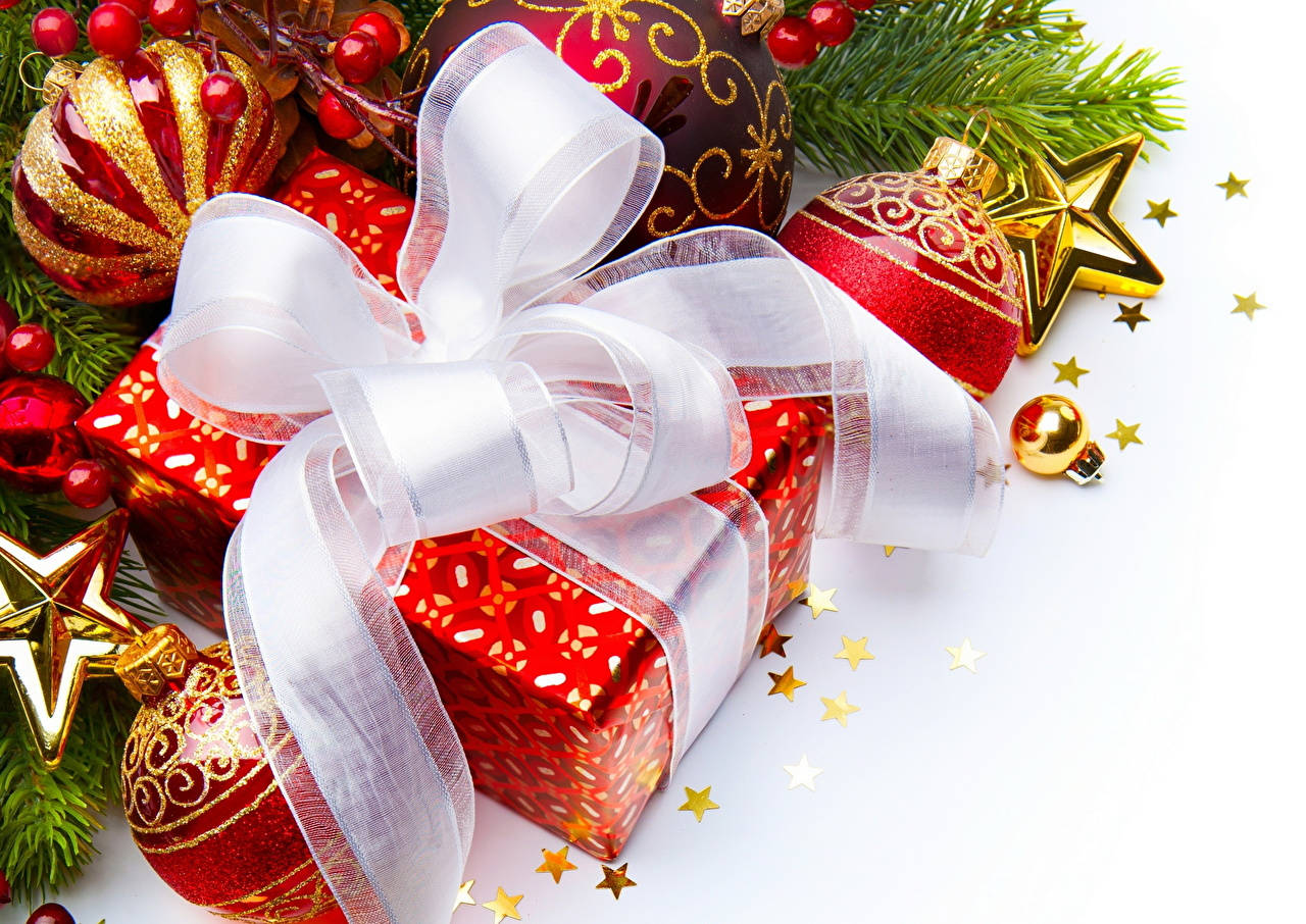 Aesthetic Christmas Present, red gift box, white bow, HD Desktop Wallpaper