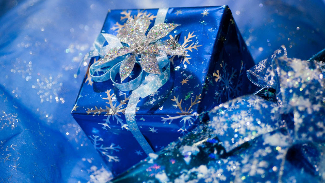 shiny blue Christmas present, silver snowflakes, glittery bow, HD Desktop Wallpaper