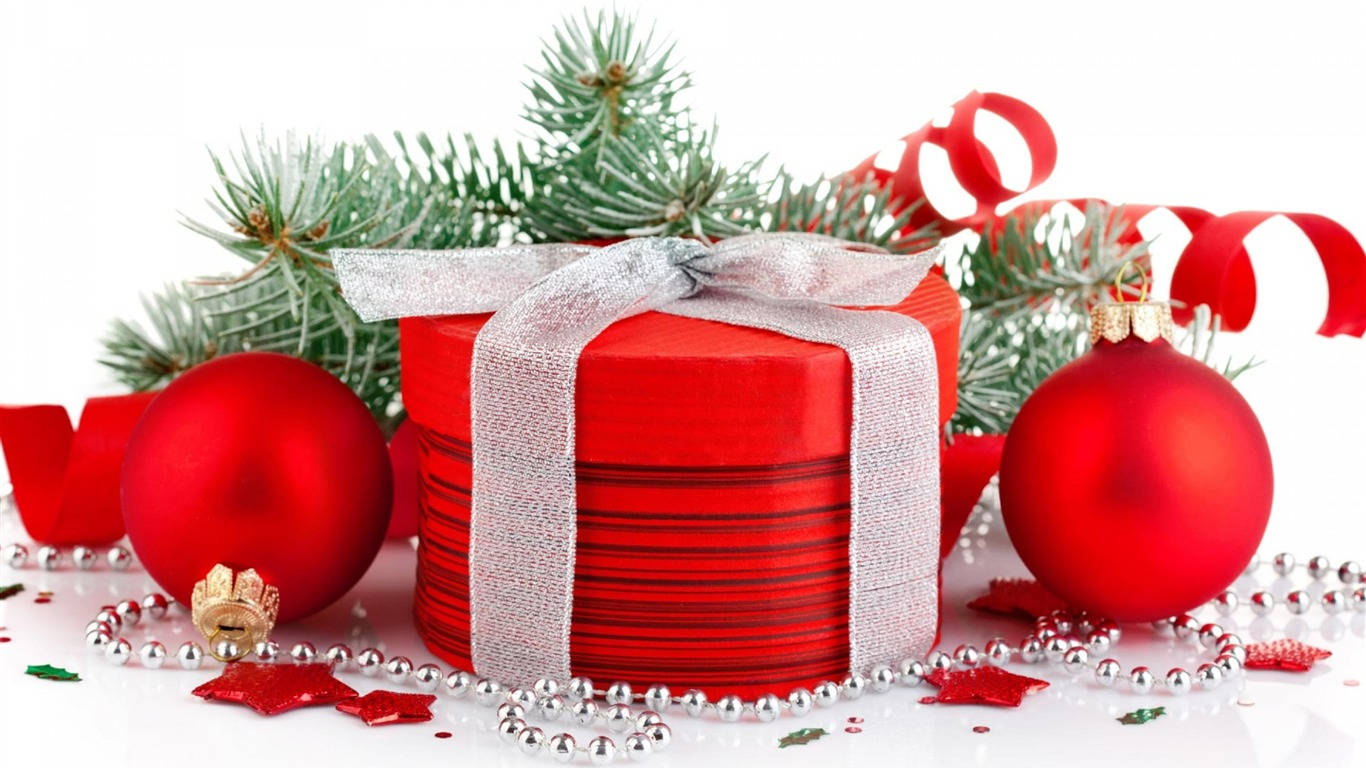 red themed christmas presents, silver ribbon, festive ornaments, HD Desktop Wallpaper