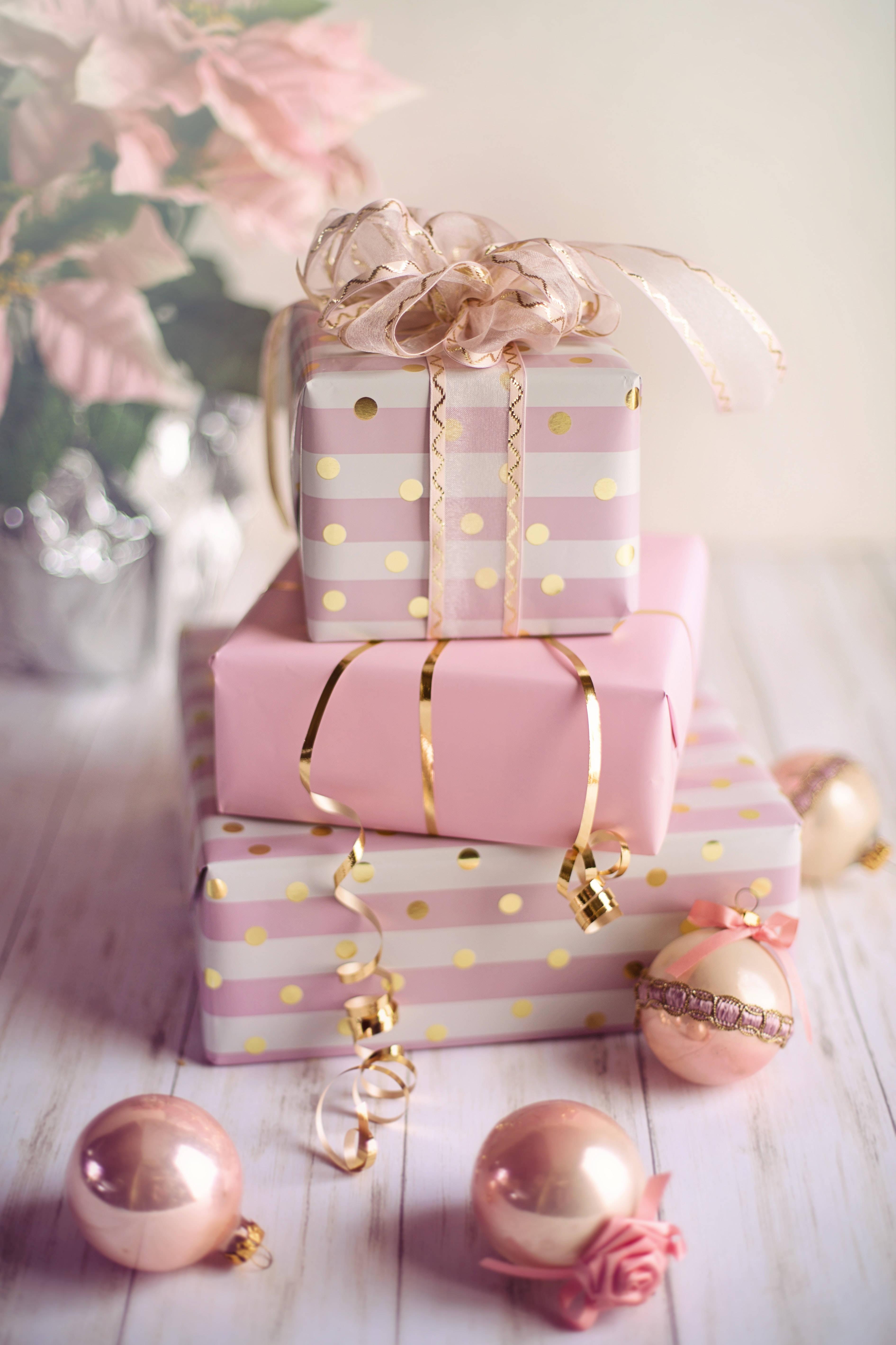pastel pink gifts, gold accents, ribbon, 5K Phone Wallpaper