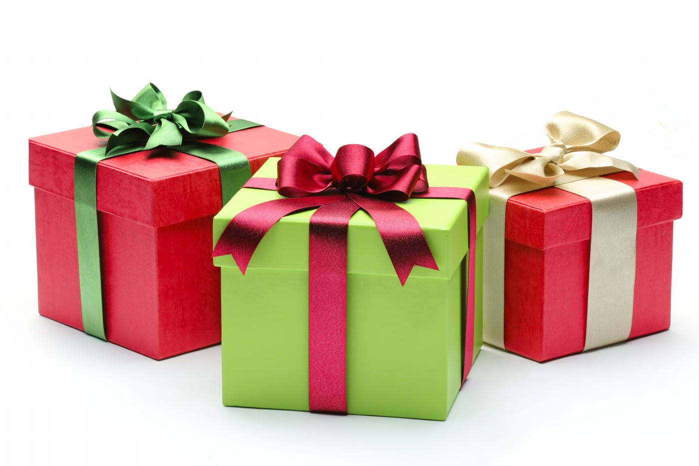 red and green Christmas presents, red gold, matching bows, HD Desktop Wallpaper