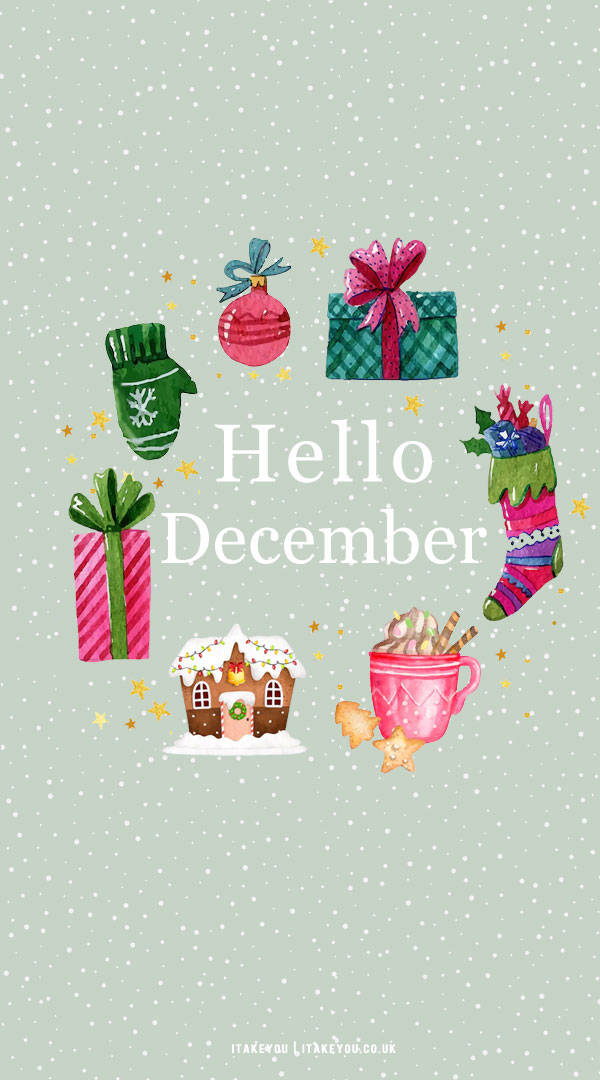 Hello December, pastel green, watercolor illustration, SD Phone Wallpaper