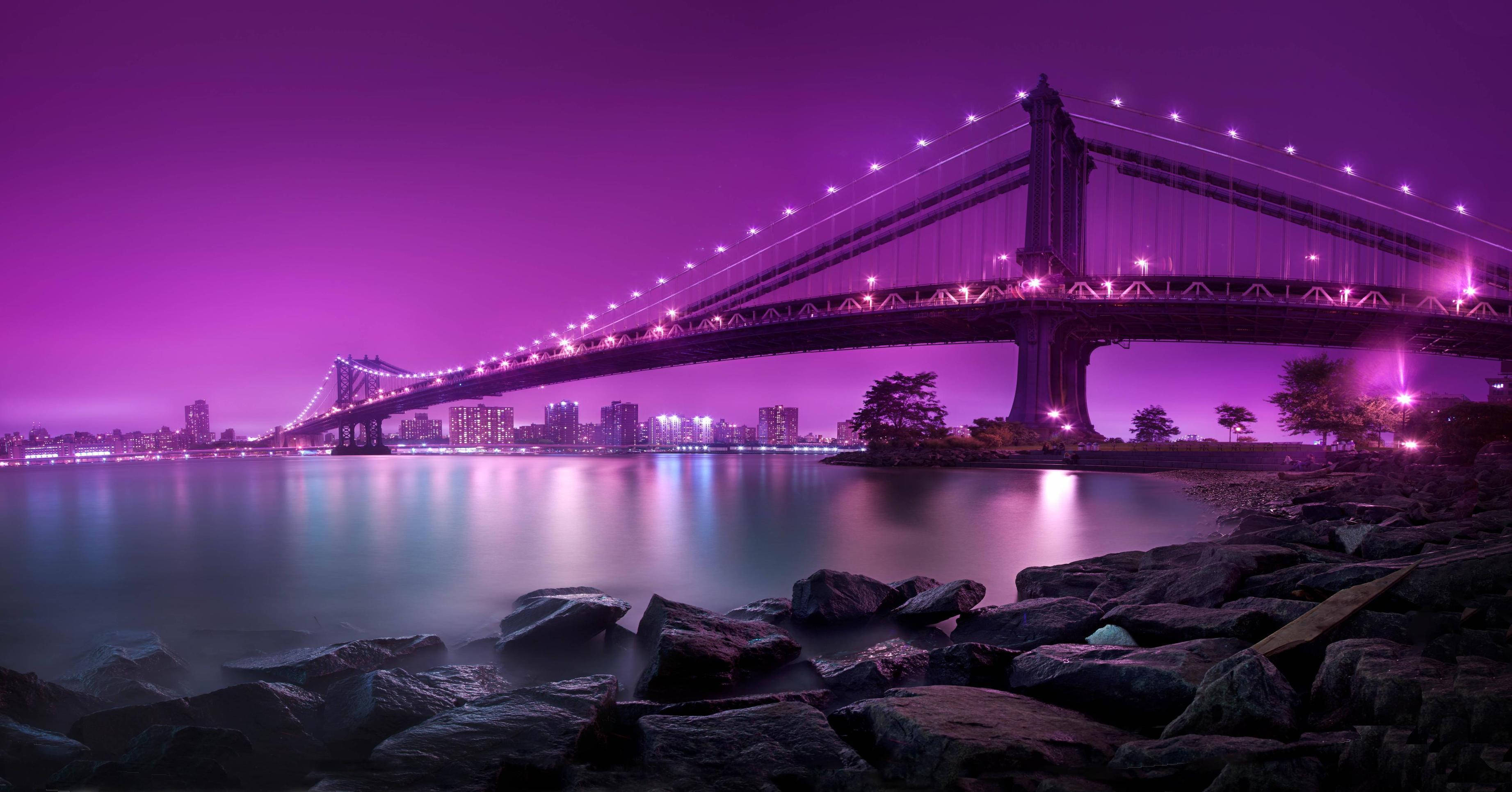 purple bridge, calm water, twilight, 2K Desktop Wallpaper