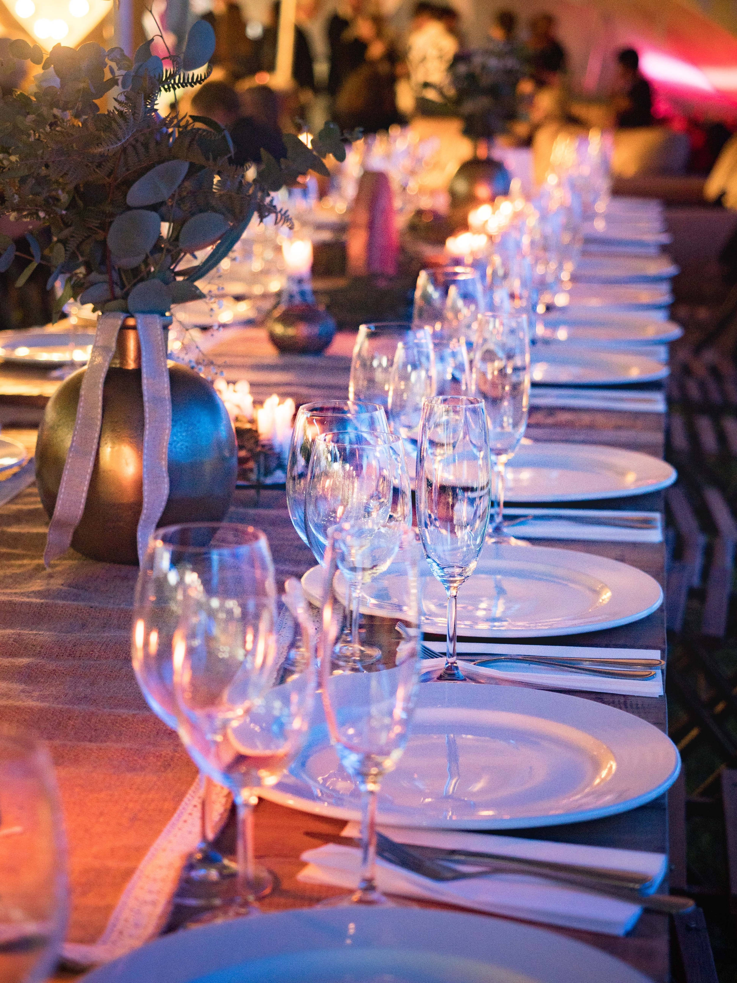 banquet table, candlelight, purple lighting, 2K Phone Wallpaper
