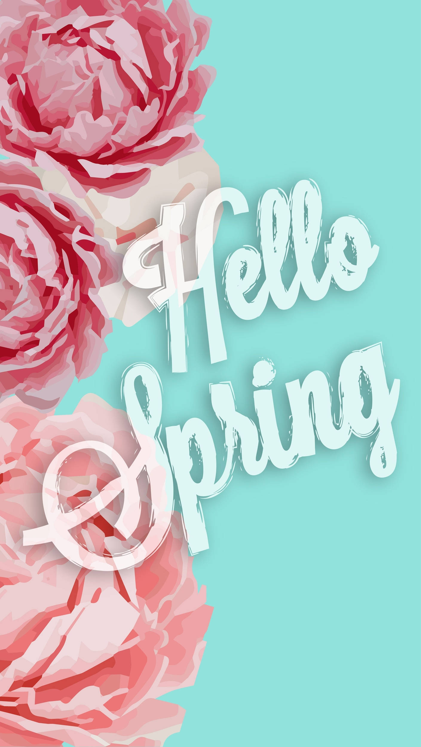 Hello Spring, pink peonies, teal background, Full HD Phone Wallpaper