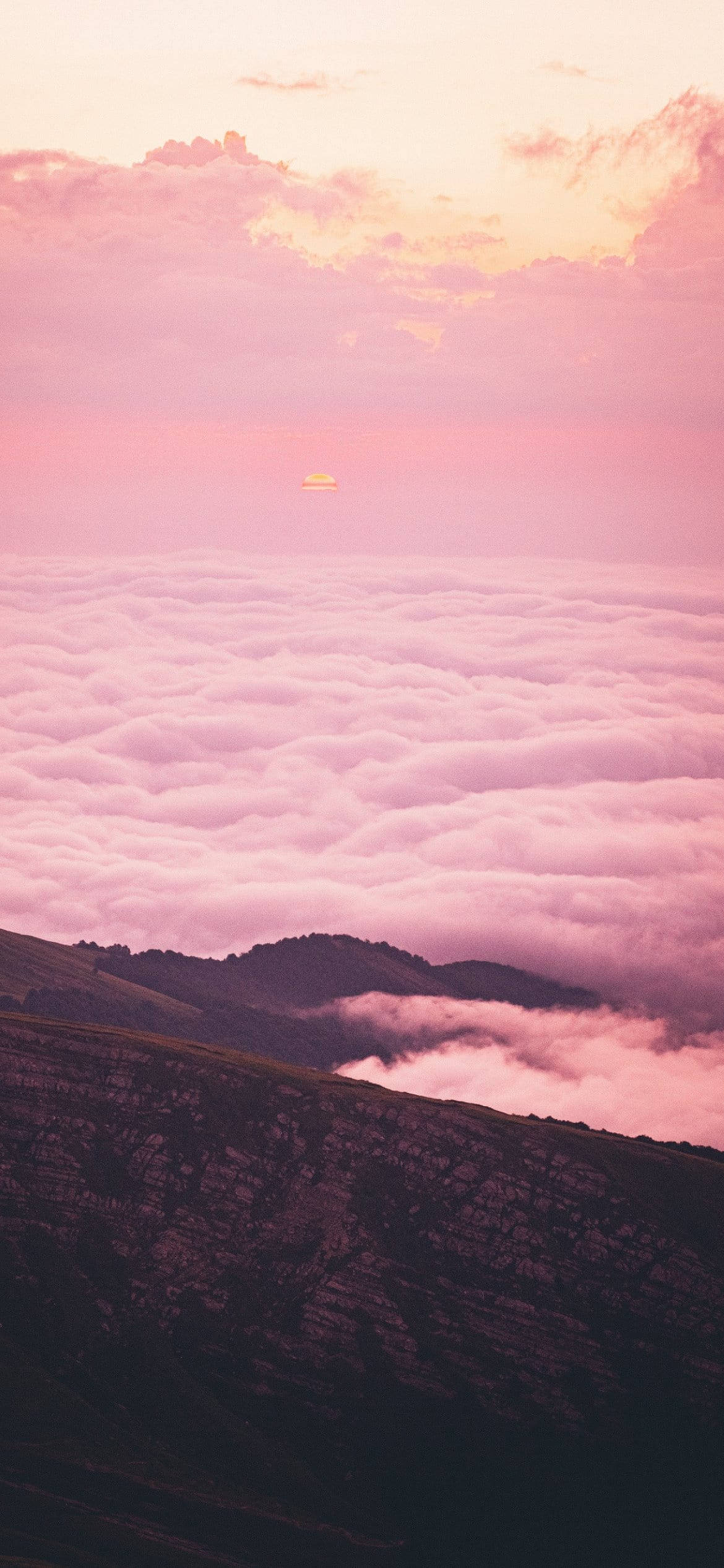 pink sunset, sea of clouds, rugged mountain peaks, Full HD Phone Wallpaper