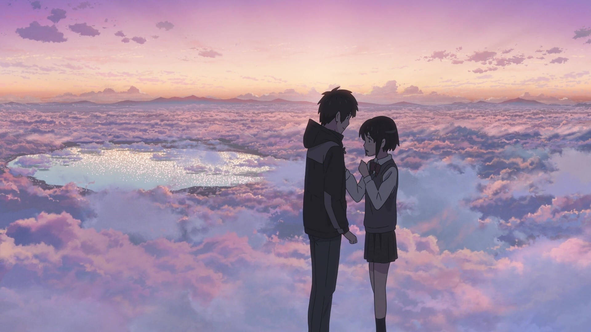 anime teens, clouds, sunset, Full HD Desktop Wallpaper