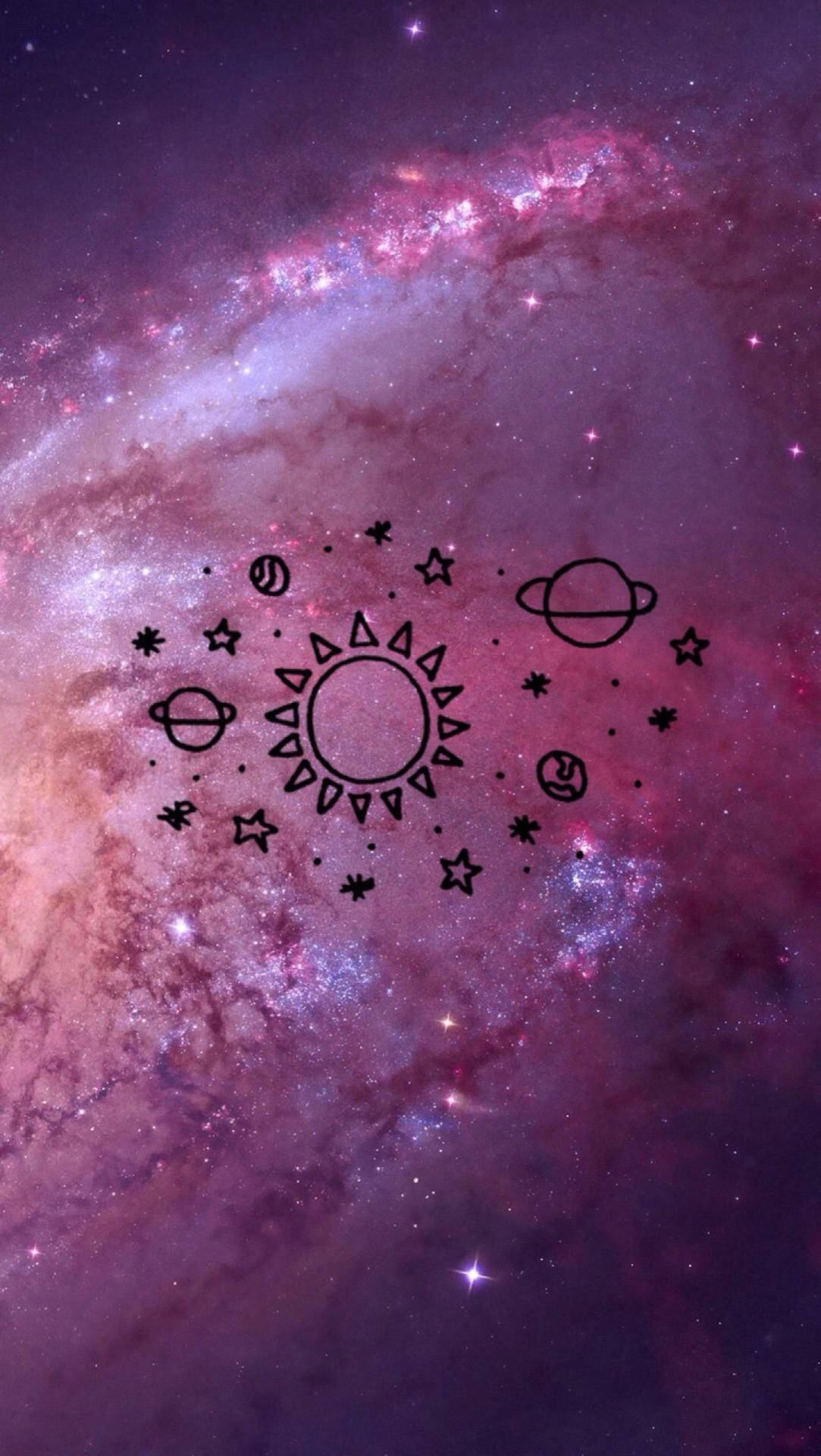 purple nebula, black line art, sun, Full HD Phone Wallpaper