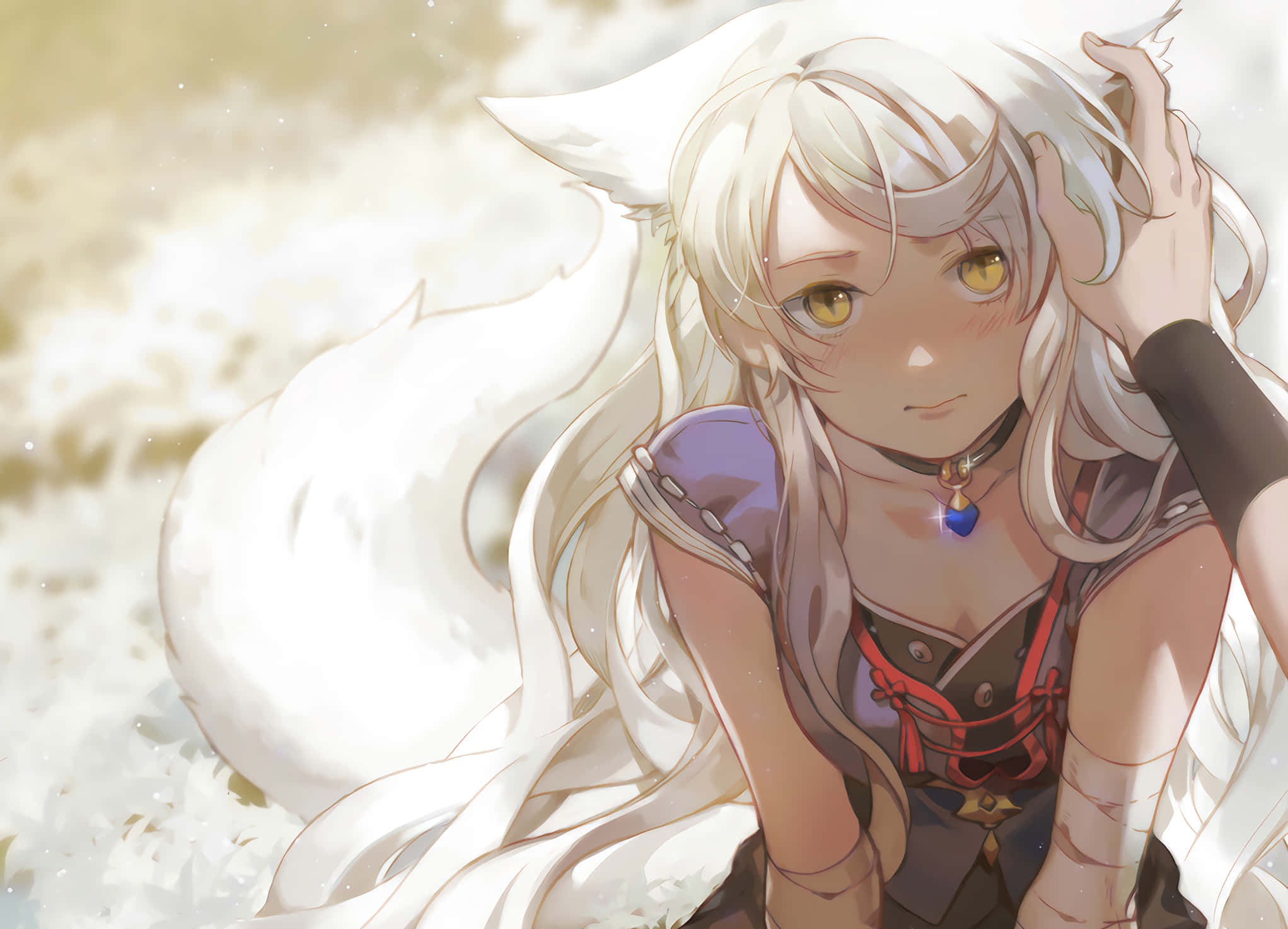 anime girl, long white hair, fox ears, Full HD Desktop Wallpaper