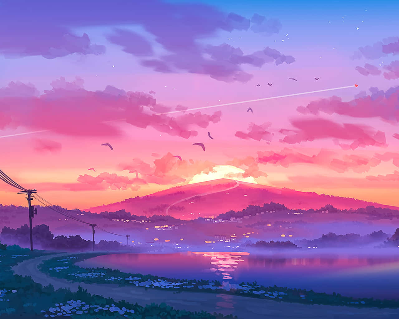 tropical beach, anime-style sunset, misty lake, HD Desktop Wallpaper