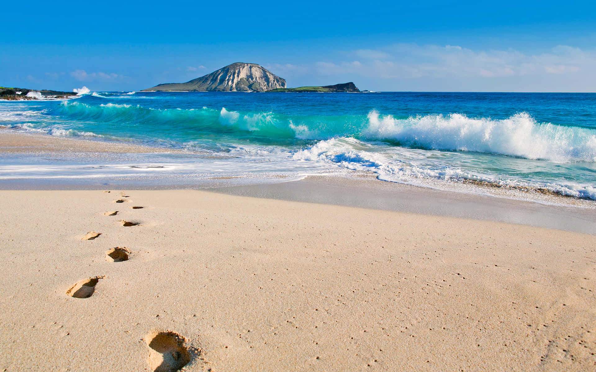 beach sand, golden sand, turquoise waves, Full HD Desktop Wallpaper